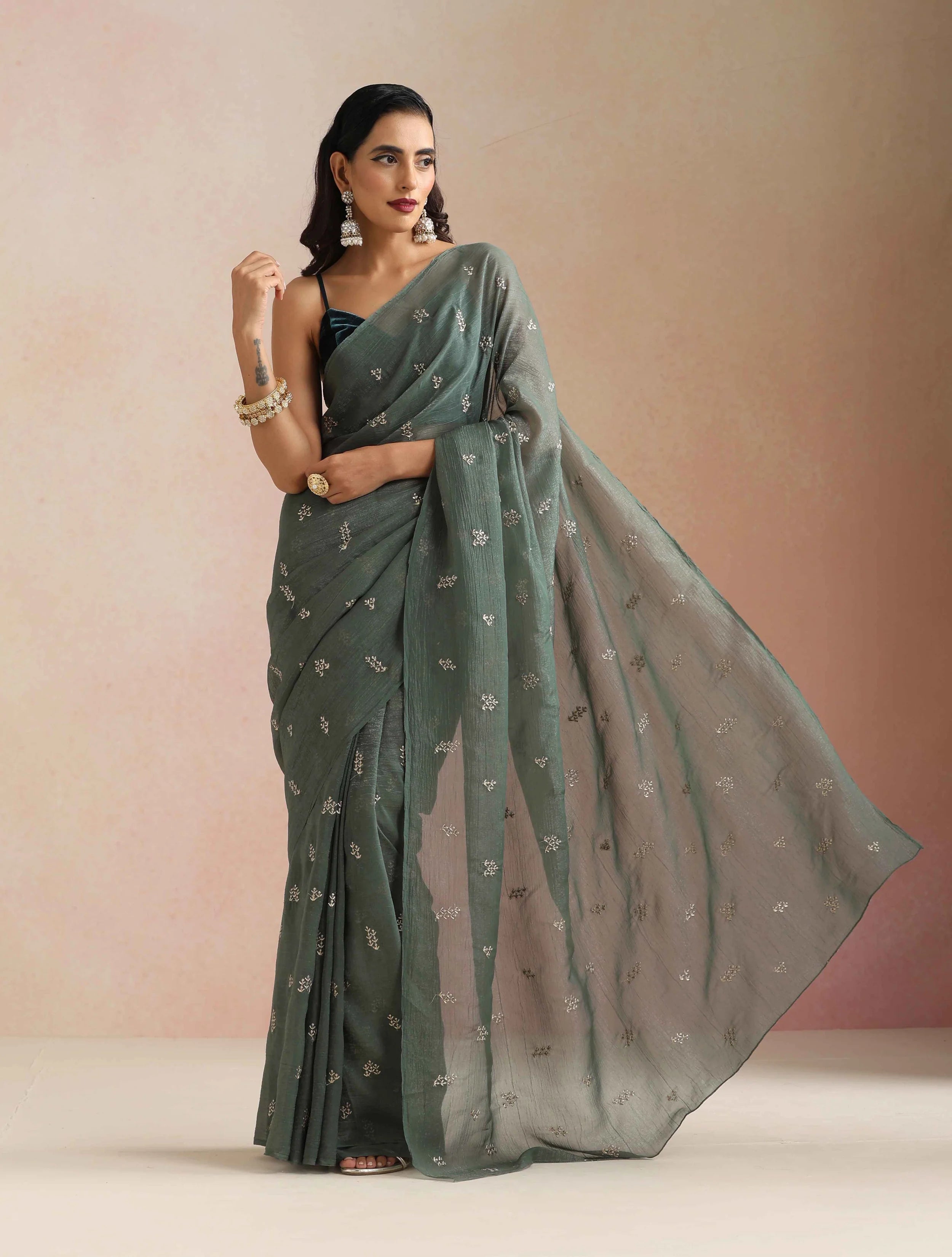 trueBrowns Turq All Over Embroidered Saree With Unstitched Blouse