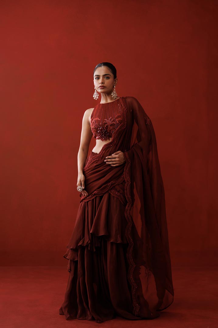 Maroon ruffle saree set