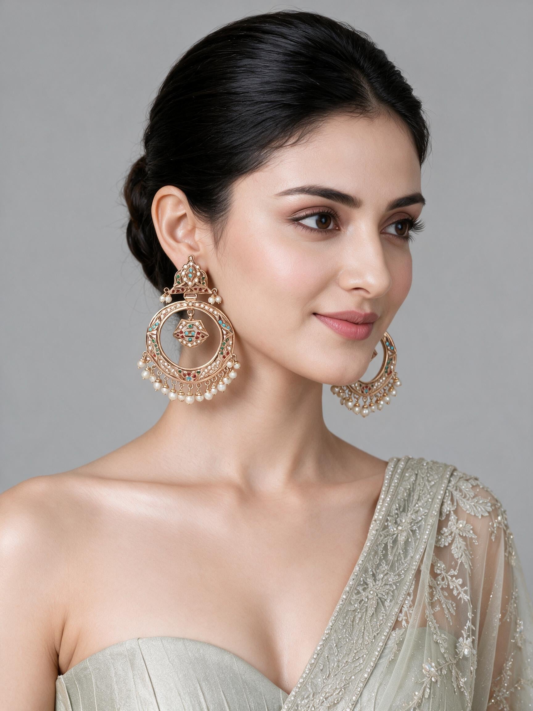 Multicolour Jadau Pearl Hoop Statement Earrings
