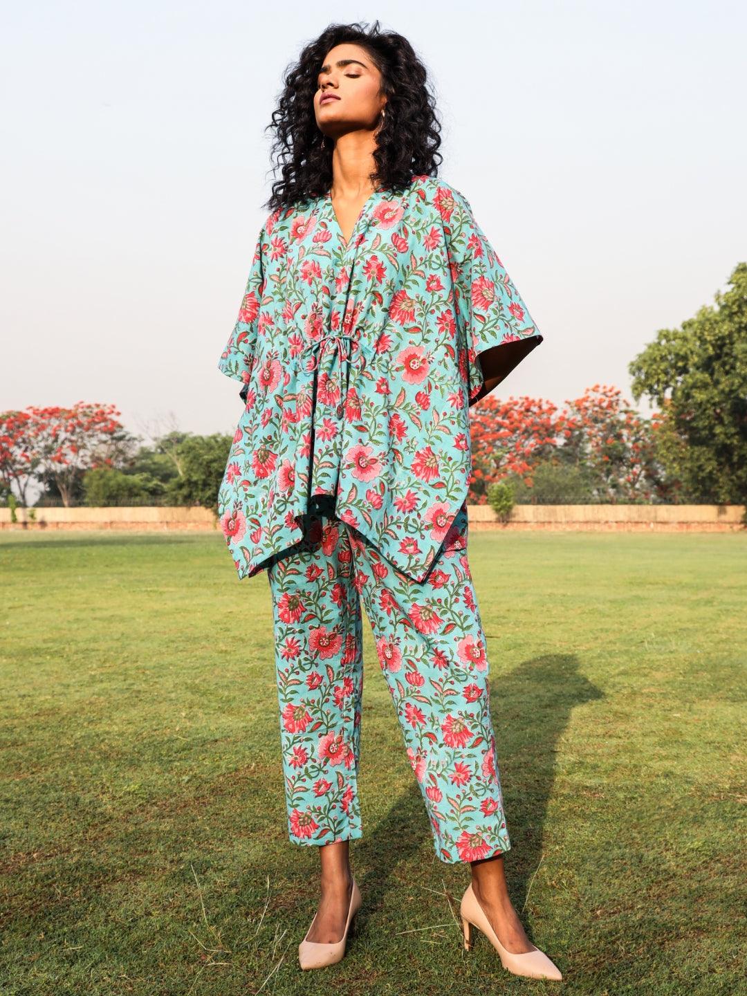 Aqua Cotton Block Print Kaftan Co-Ord Set - trueBrowns