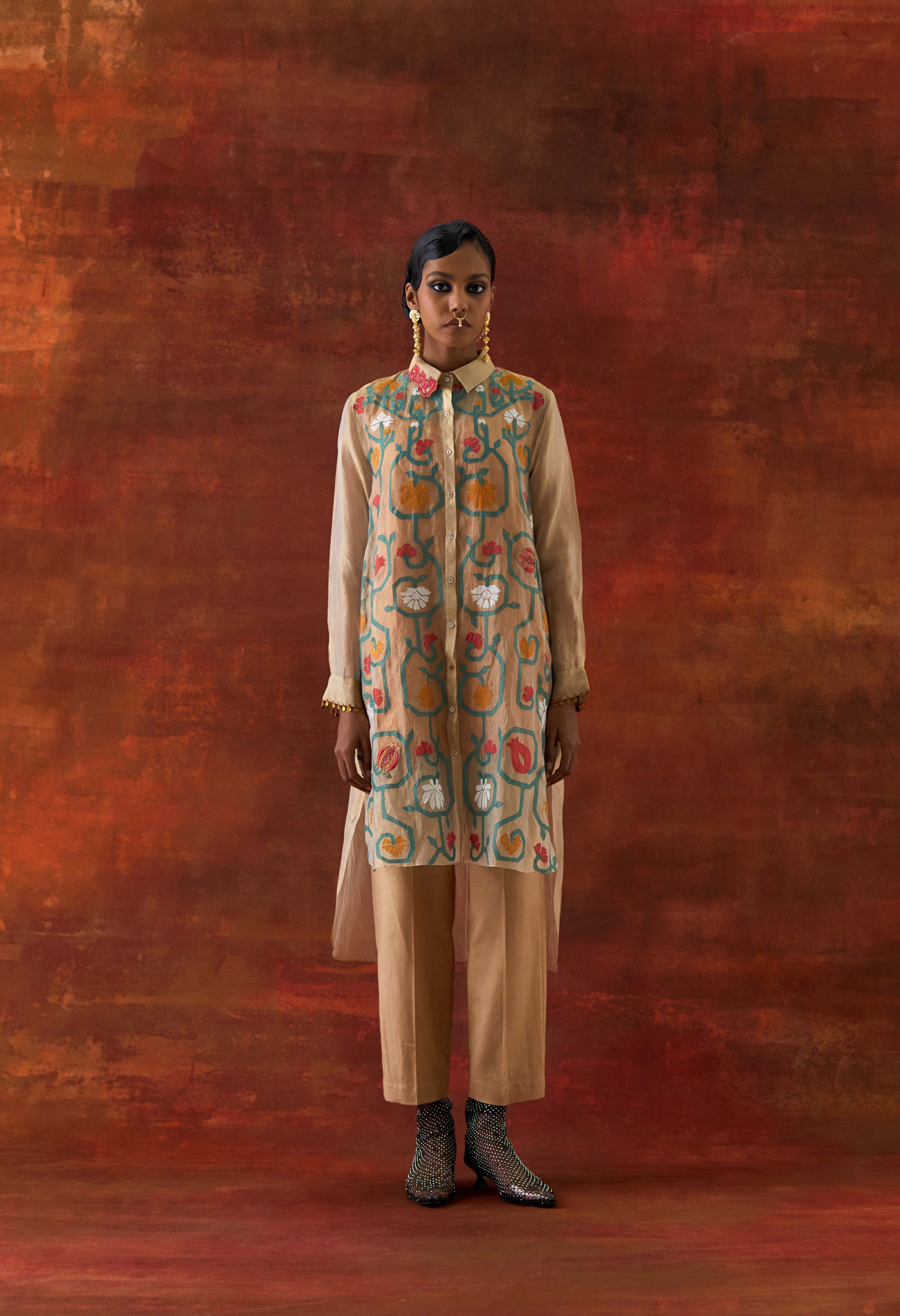EMB GOLD TISSUE SHIRT WITH INNER AND PANTS - image 1