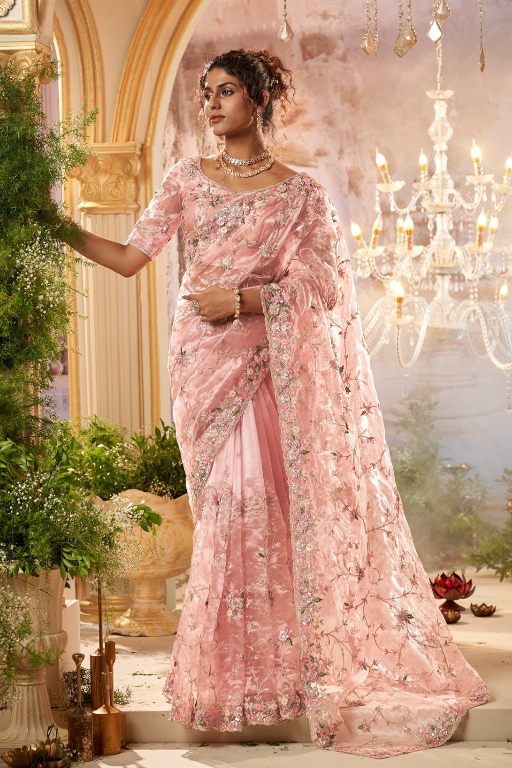 Baby pink soft silk saree with matching unstitched blouse