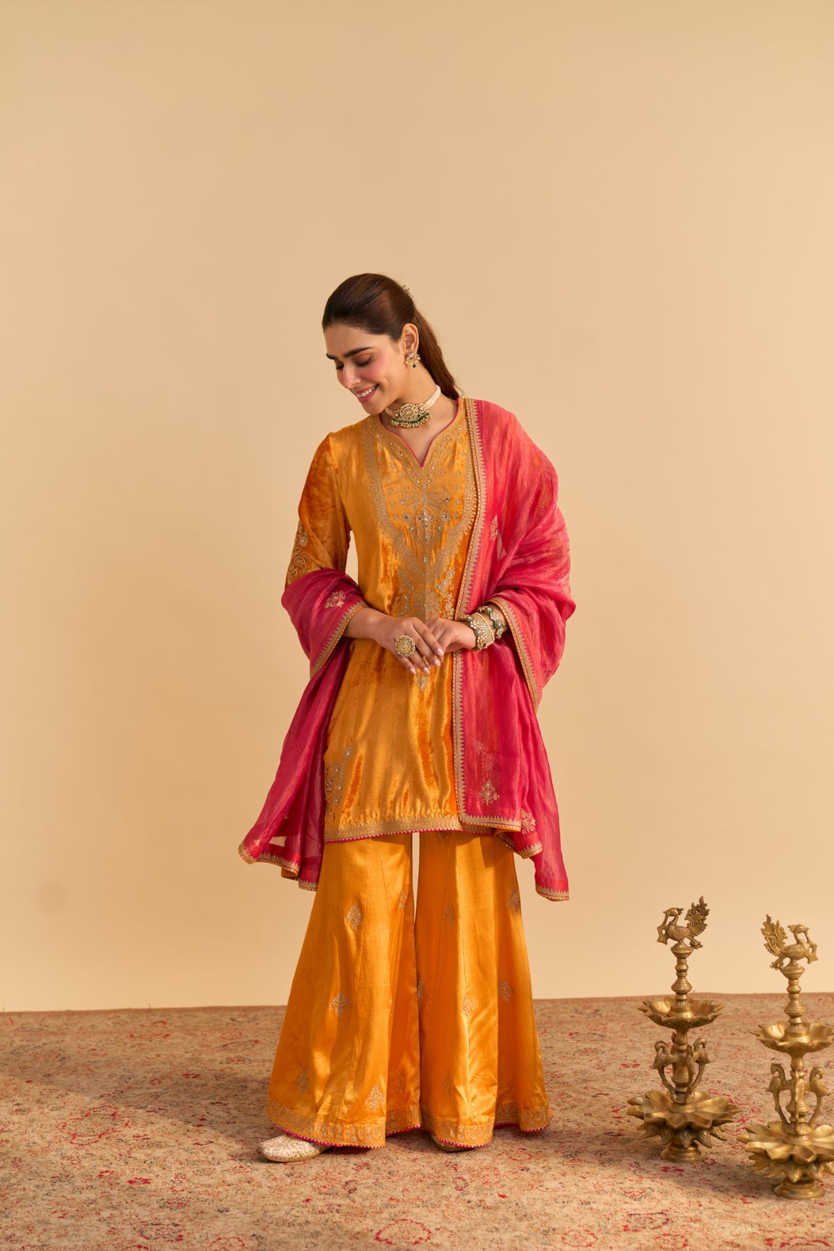 Nooren Orange Velvet Kurta Palazzo Set for Festive Winter