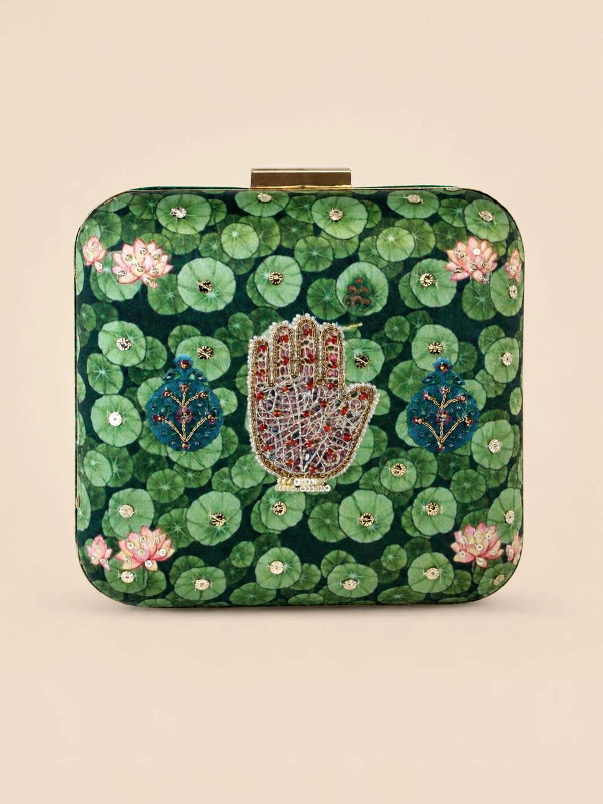Green Lotus Pond Print Clutch Bag with Embroidered Jewel Palm & Gold Chain