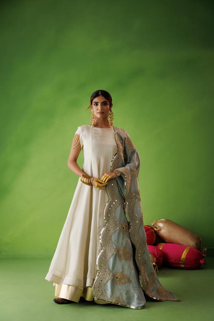 Beige tissue anarkali with blue dupatta