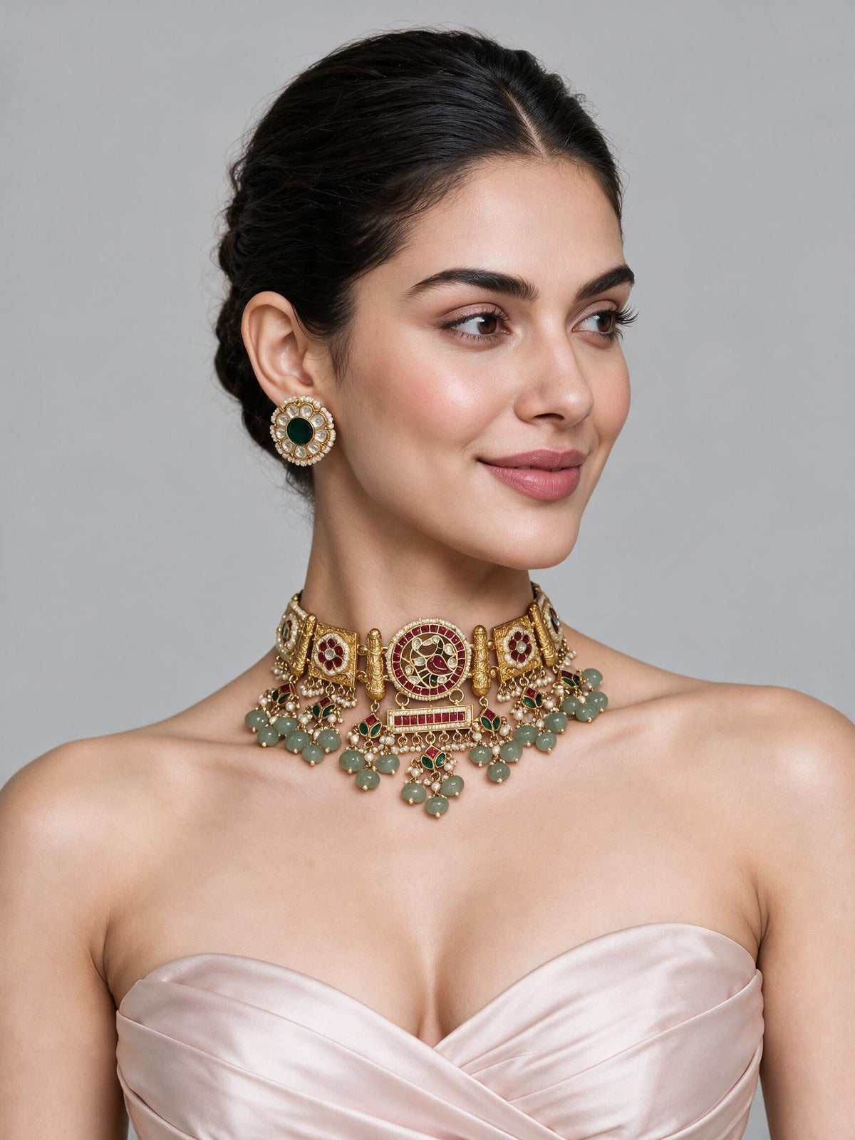 Green Bead Statement Choker Necklace Set