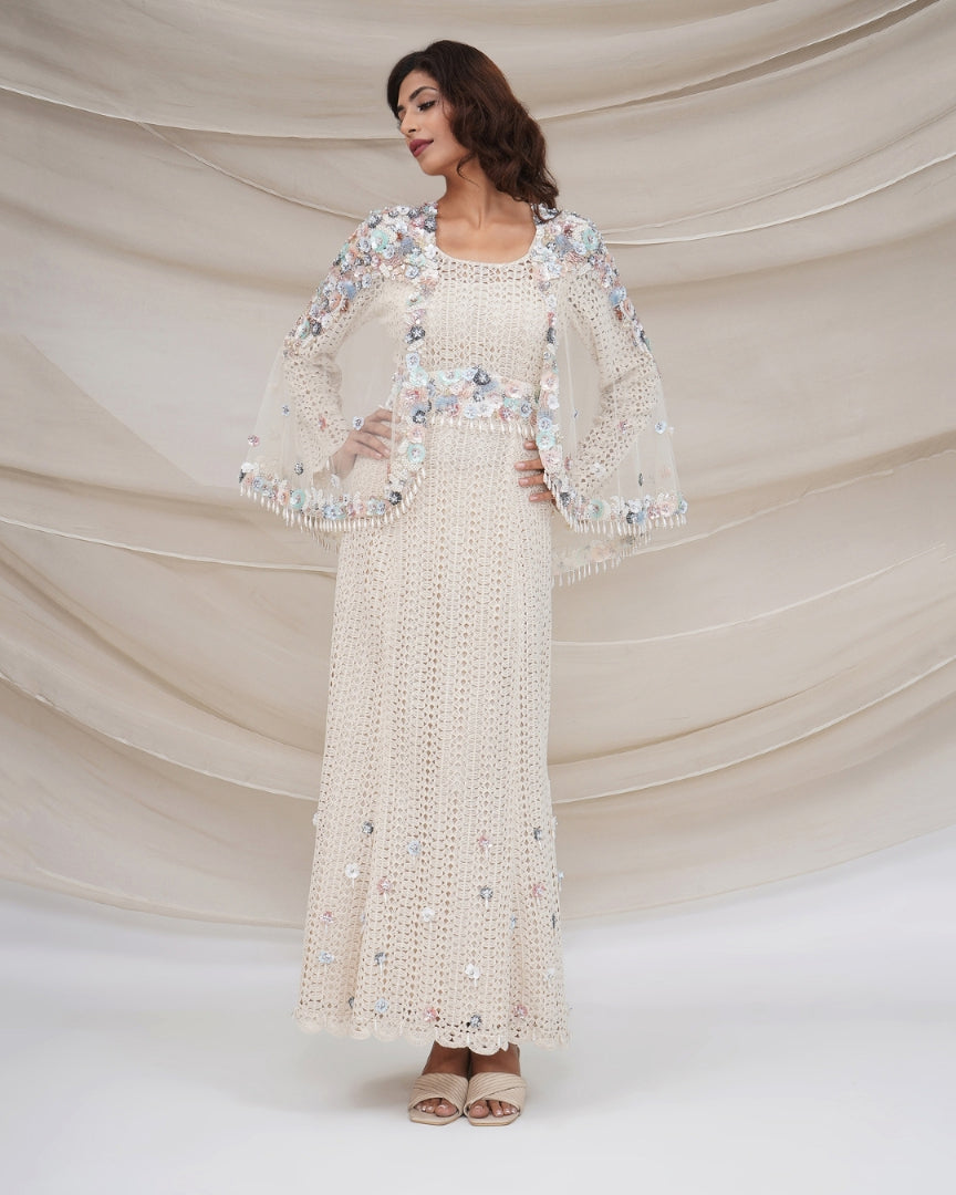 Ivory Crochet Gown with Tule Cape