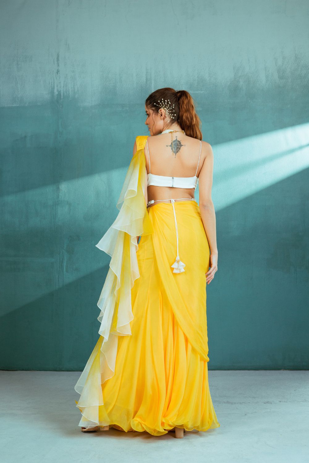 Yellow Chiffon Draped Saree Set