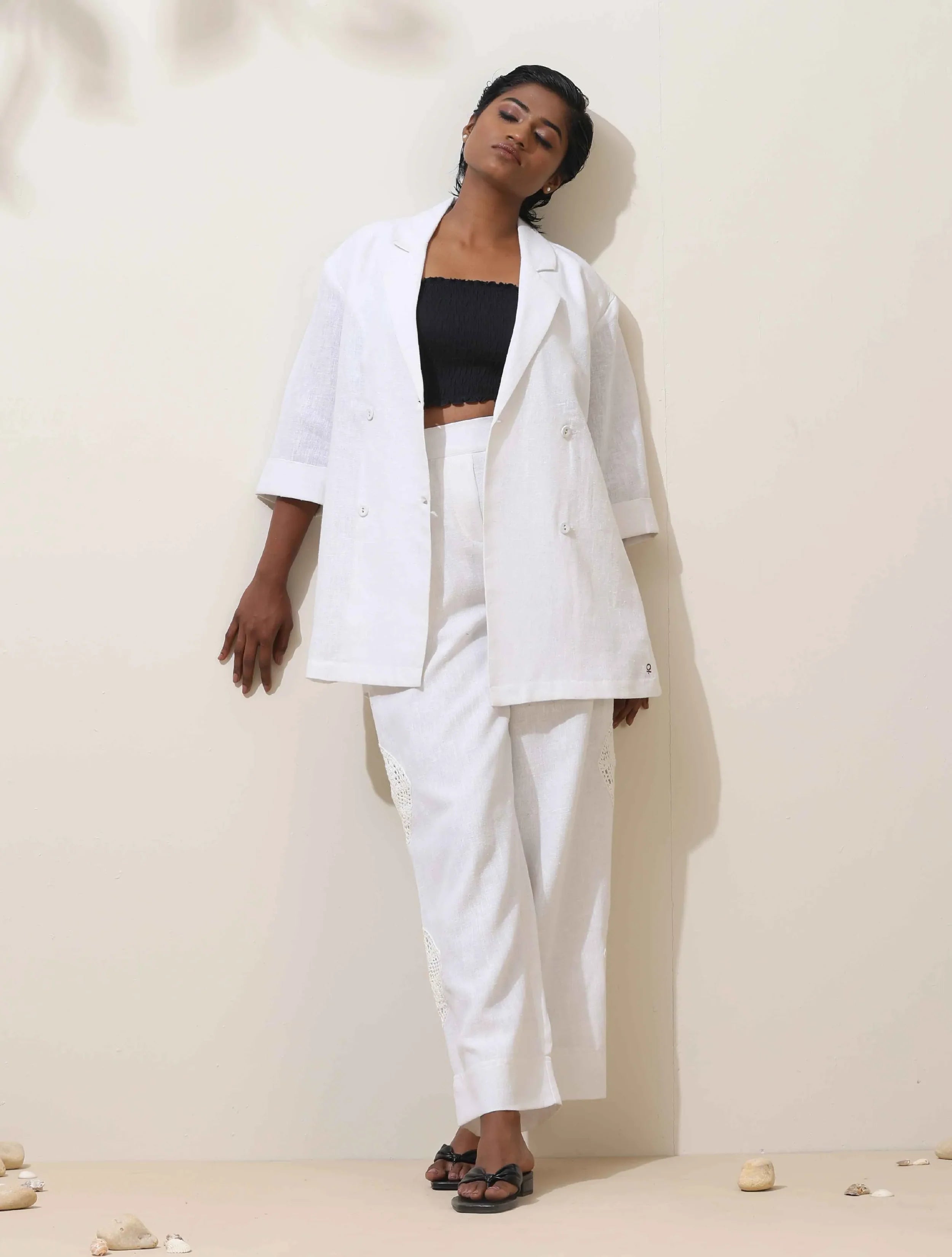 trueBrowns Indus White Crochet tural Cotton Blazer Co-ord Set