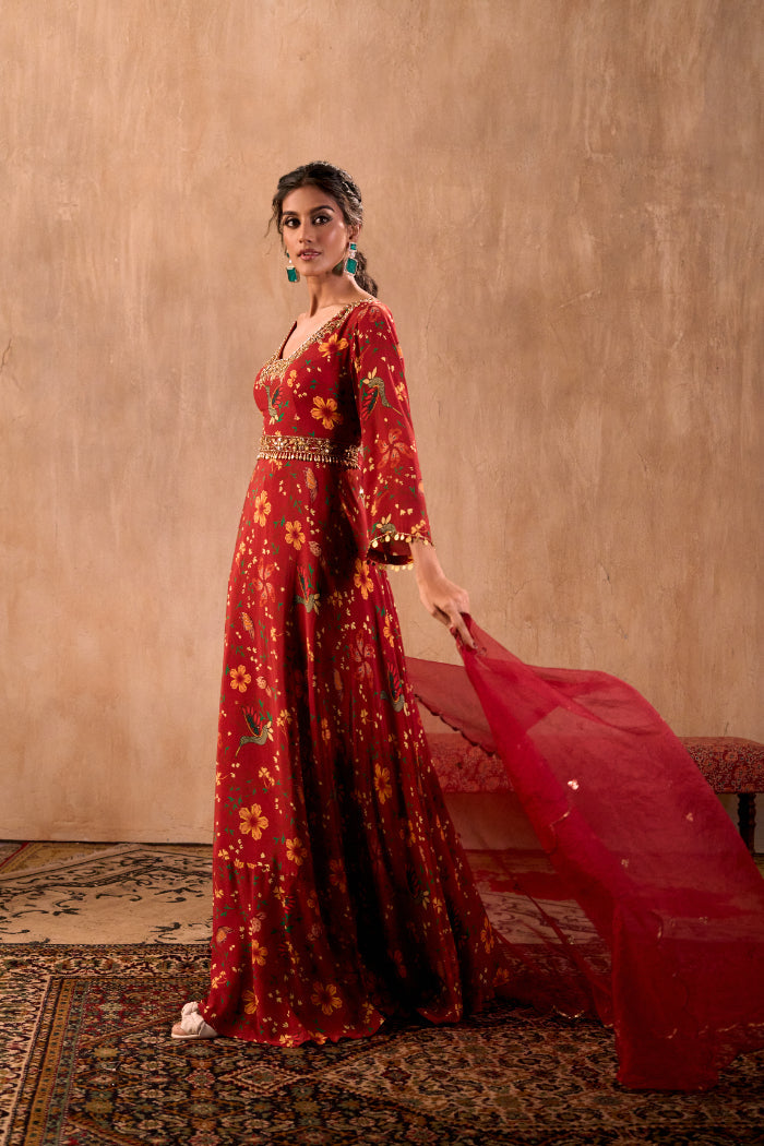 RED PRINT EMBROIDERED ANARKALI WITH DUPATTA AND BELT SET - image 1
