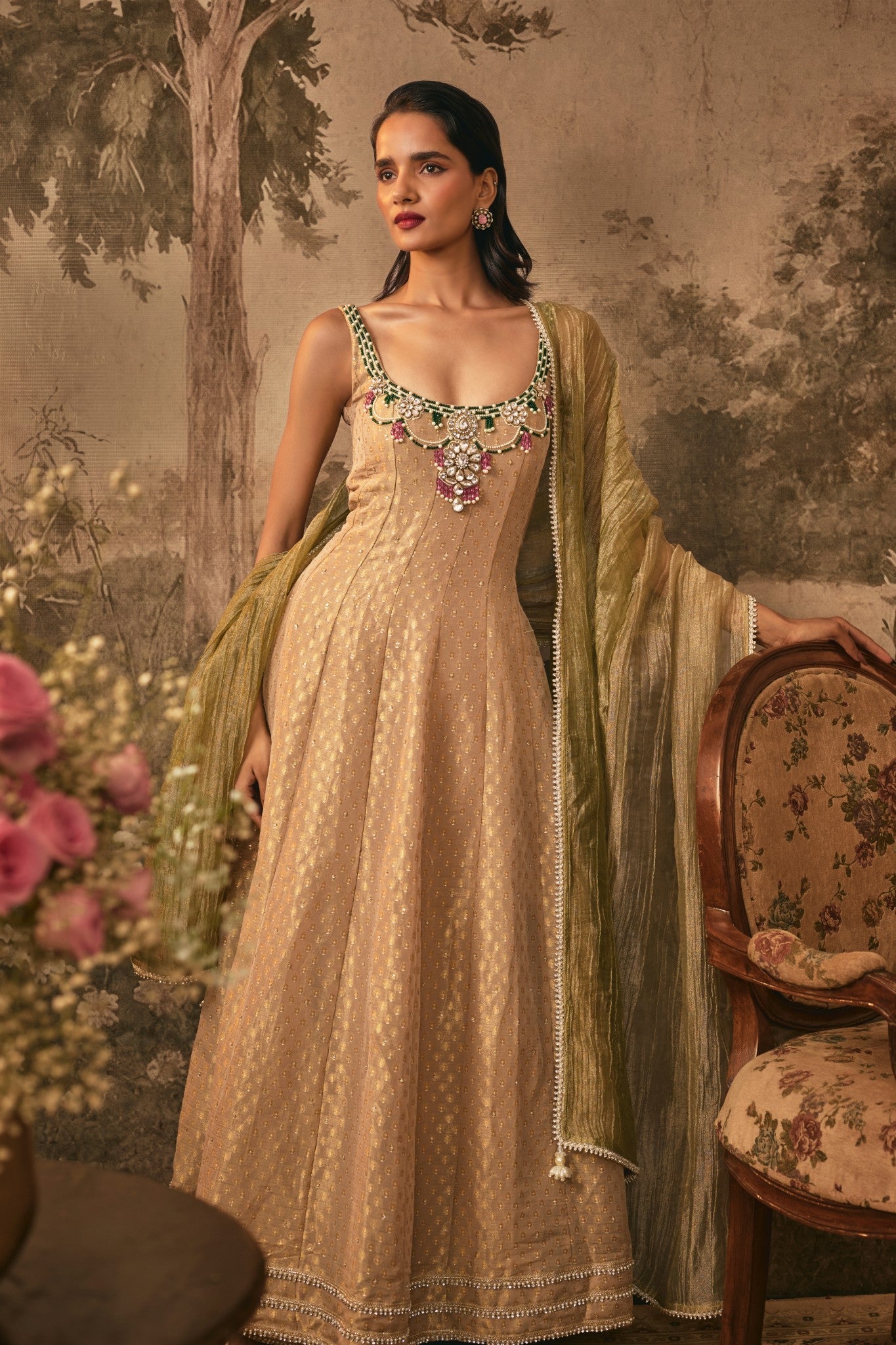 Muted Nude Gold Embellished Anarkali Set
