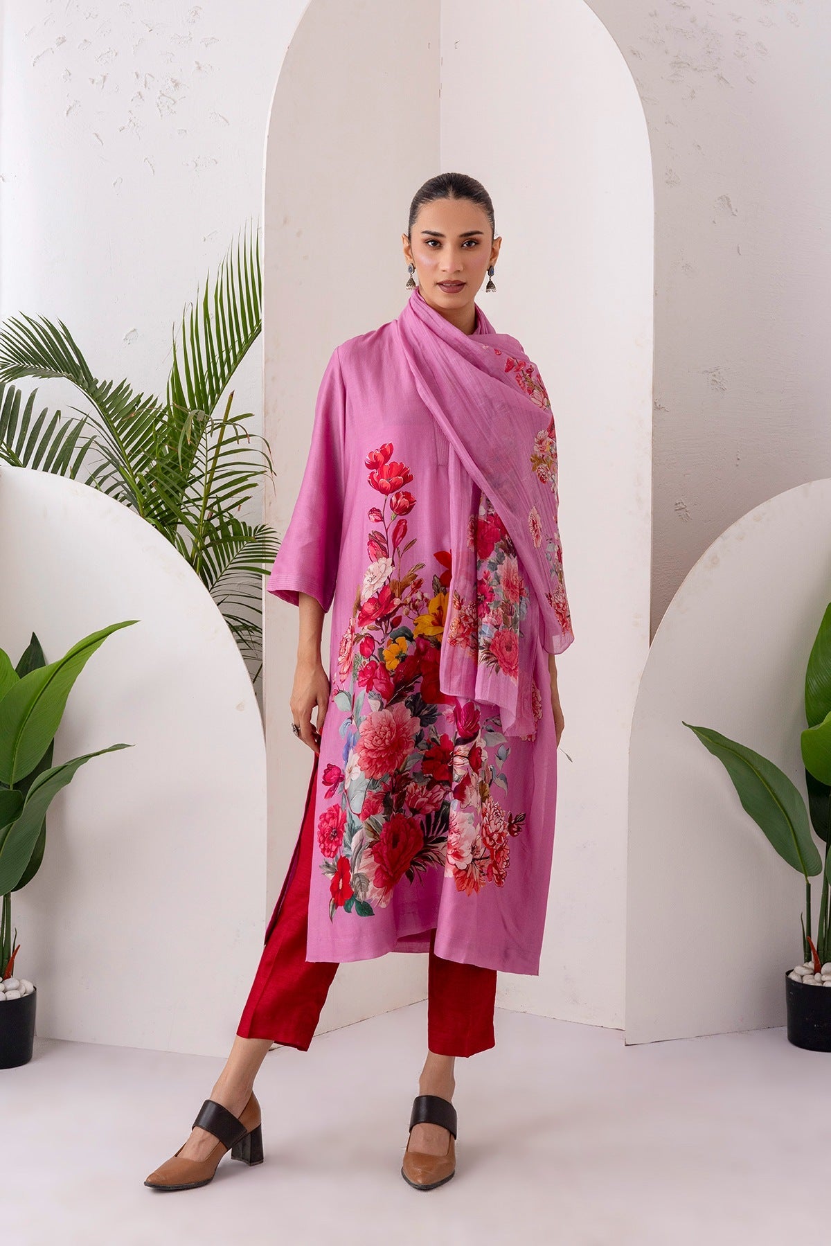 Salmon Pink Silk Chanderi Printed Tunic Set (2 PCS)