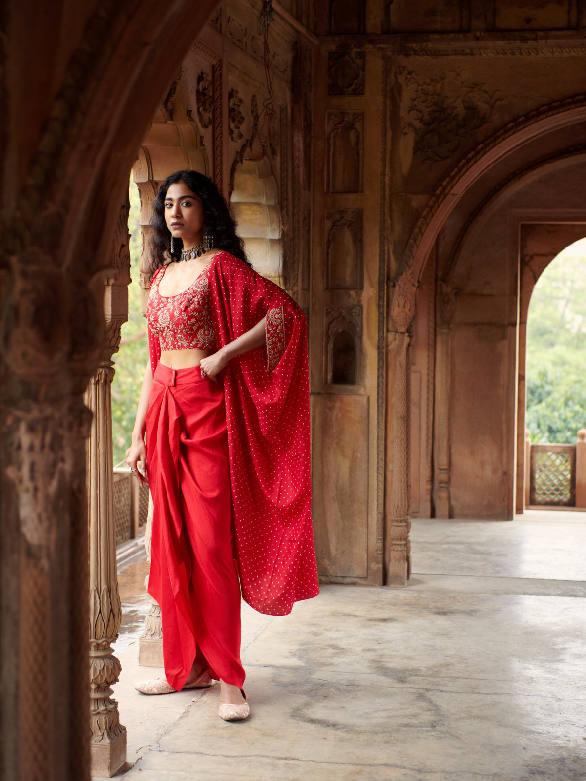 Bandhani Cape Set With a chandbali Crop Top