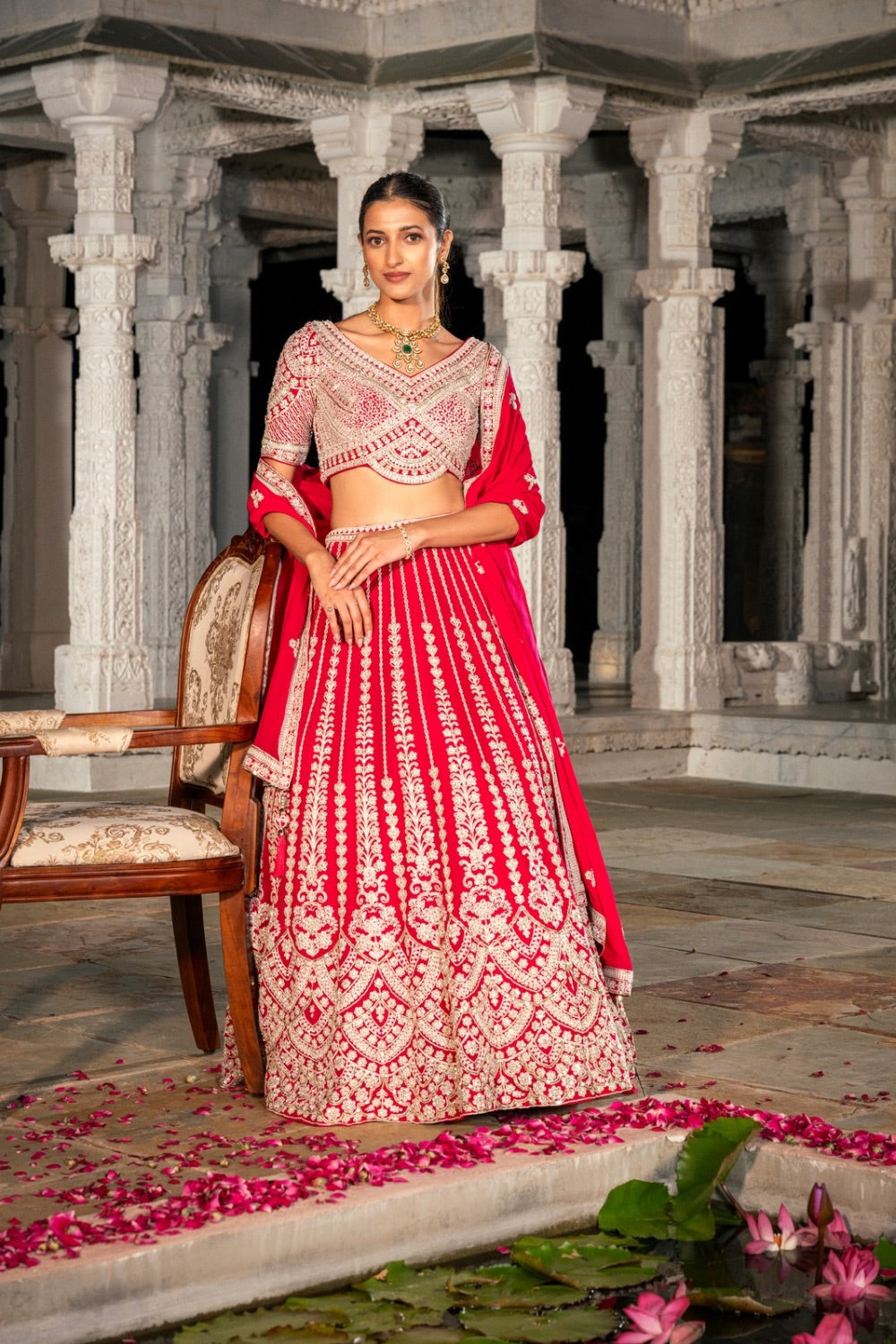 Cherry red georgette lehenga choli with sequins and thread work