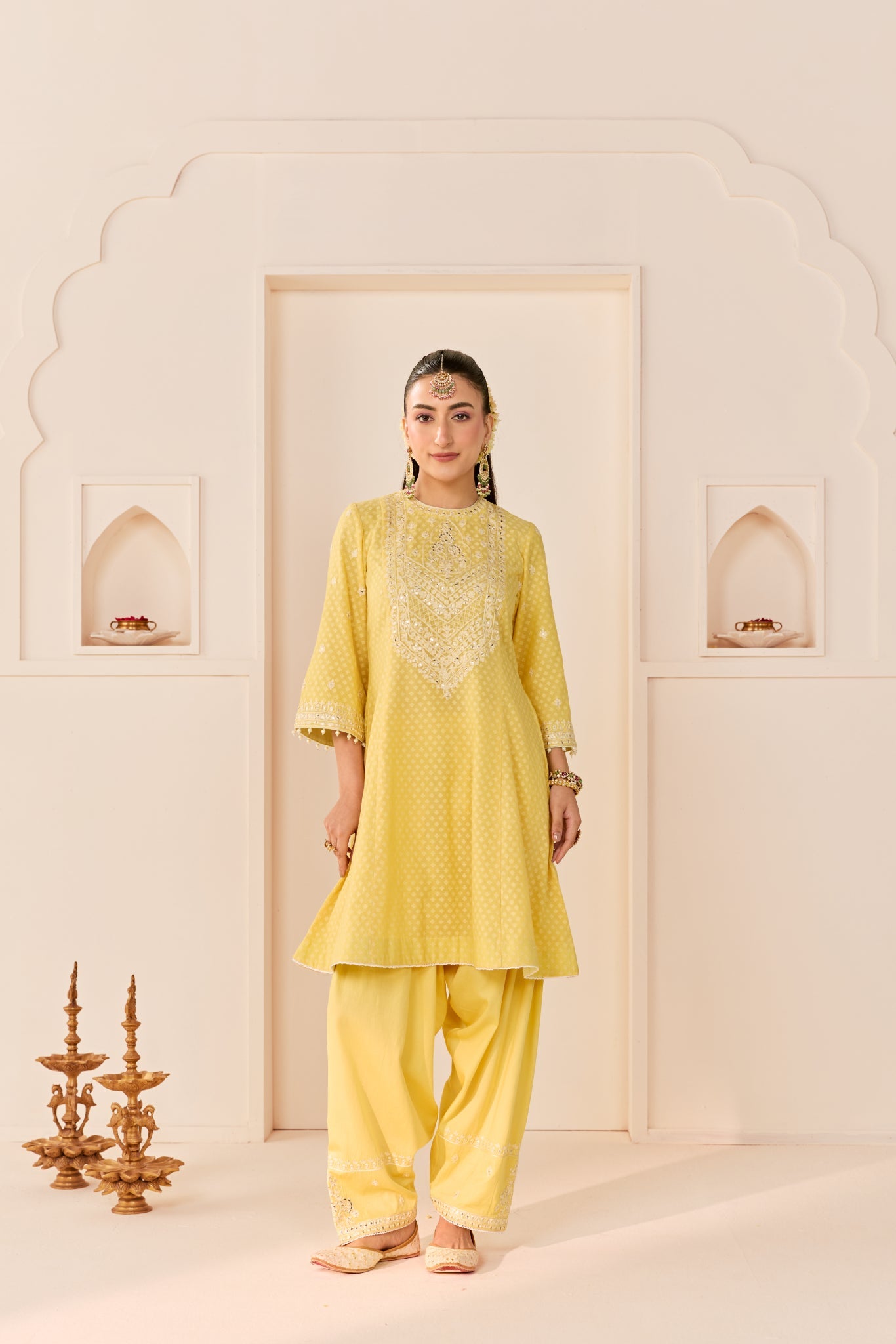 NIDA - LEMON YELLOW SHORT CHOGA WITH FARSHI SALWAR AND DUPATTA