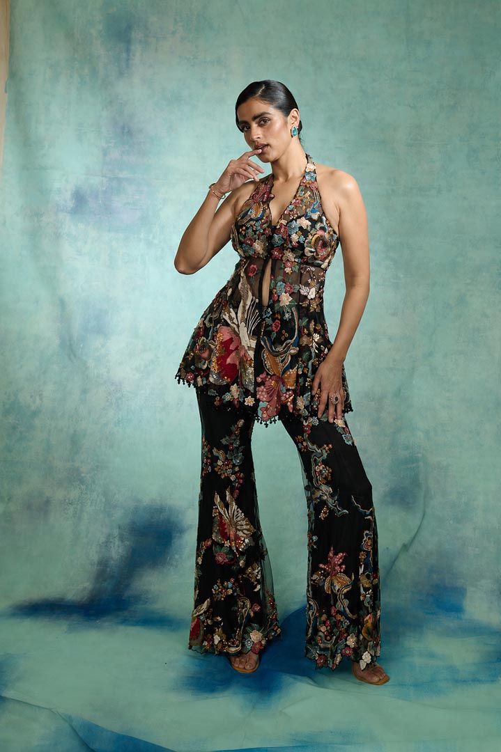 NAVY BLUE PATCHWORK PEPLUM SHARARA SET