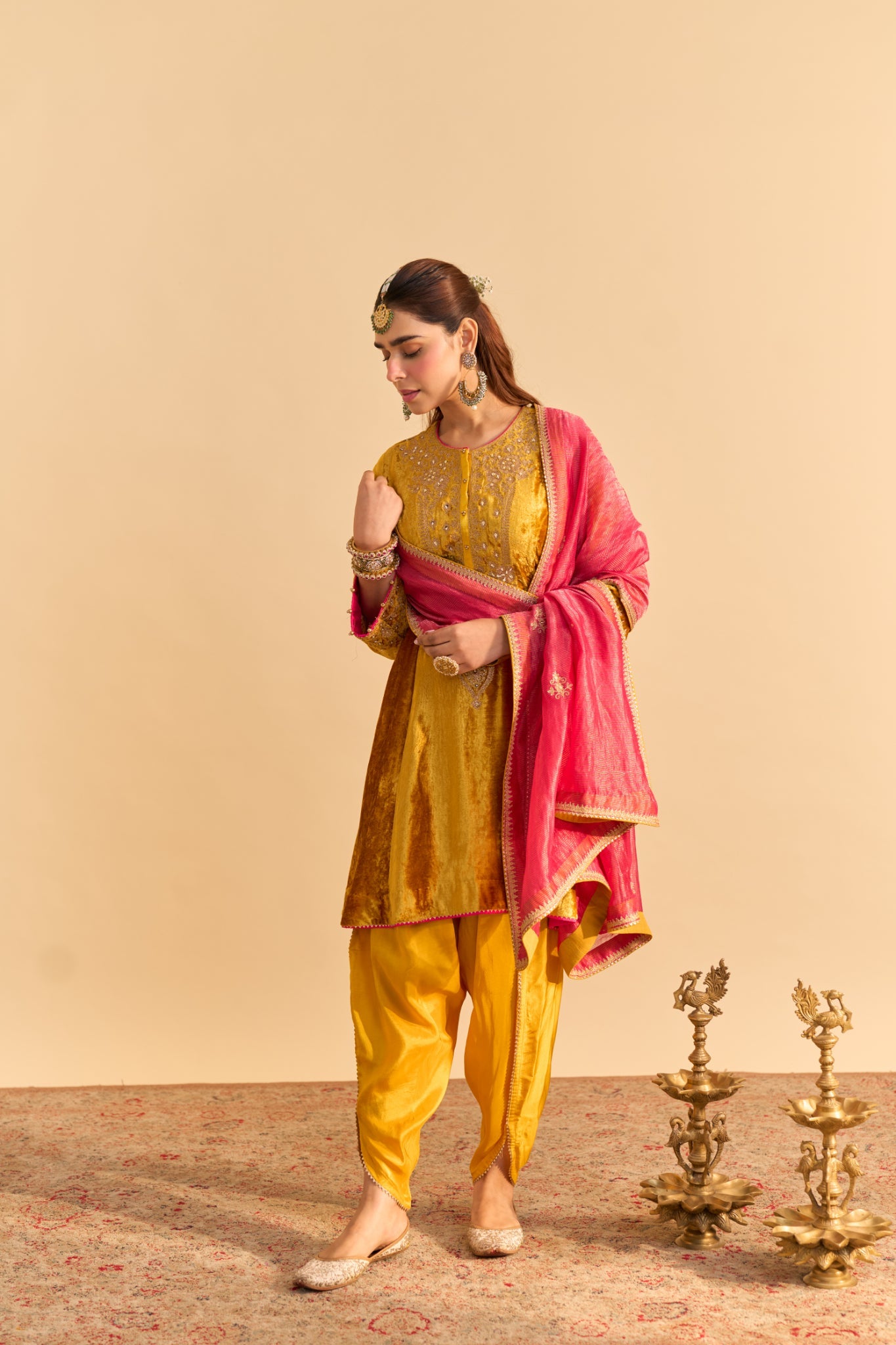 Laiba - Mustard A-line Kurta with Dhoti and Dupatta
