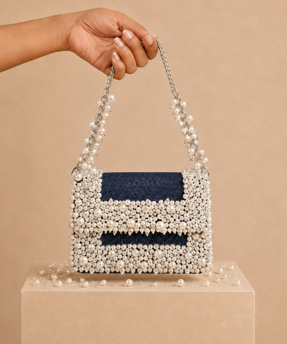 Elana Denim Pearl Embellished Clutch