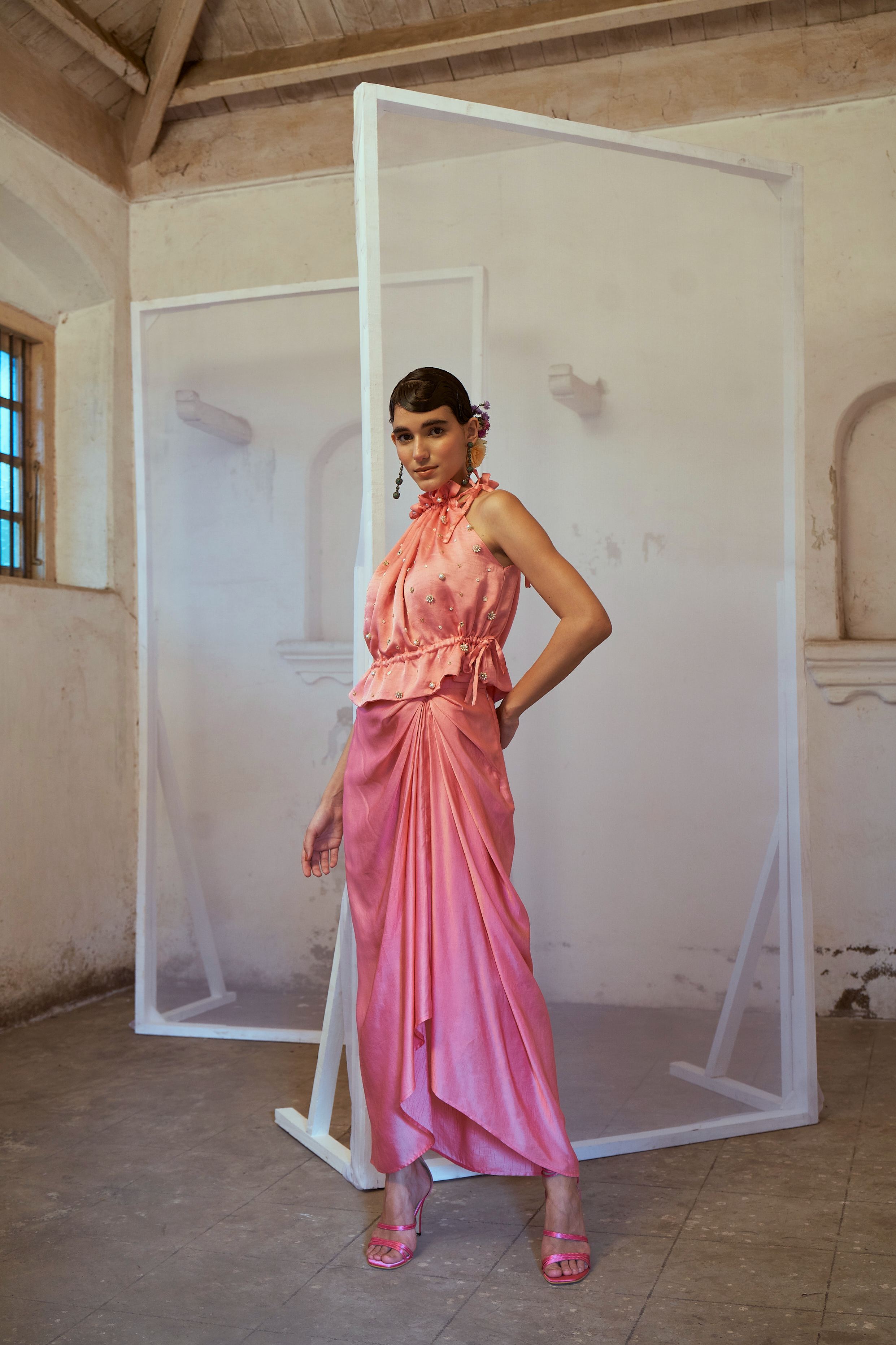 Rose Pink Ruffled Top with Draped Skirt