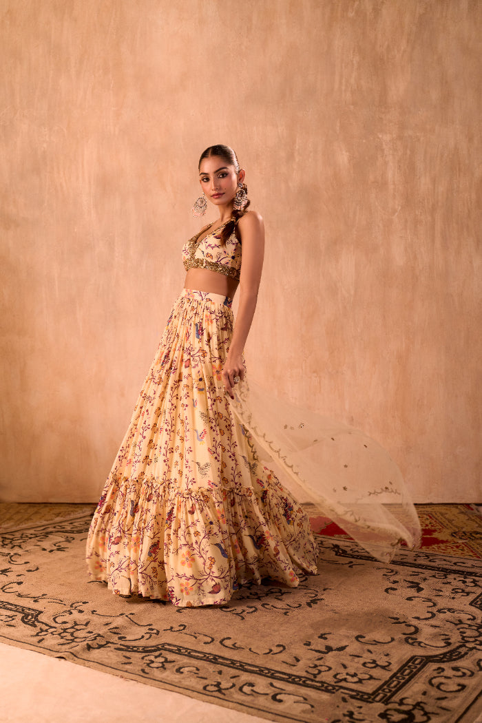 IVORY PRINT EMBROIDERED CHOLI, LAYERED LEHENGA AND DUPATTA SET - image 1