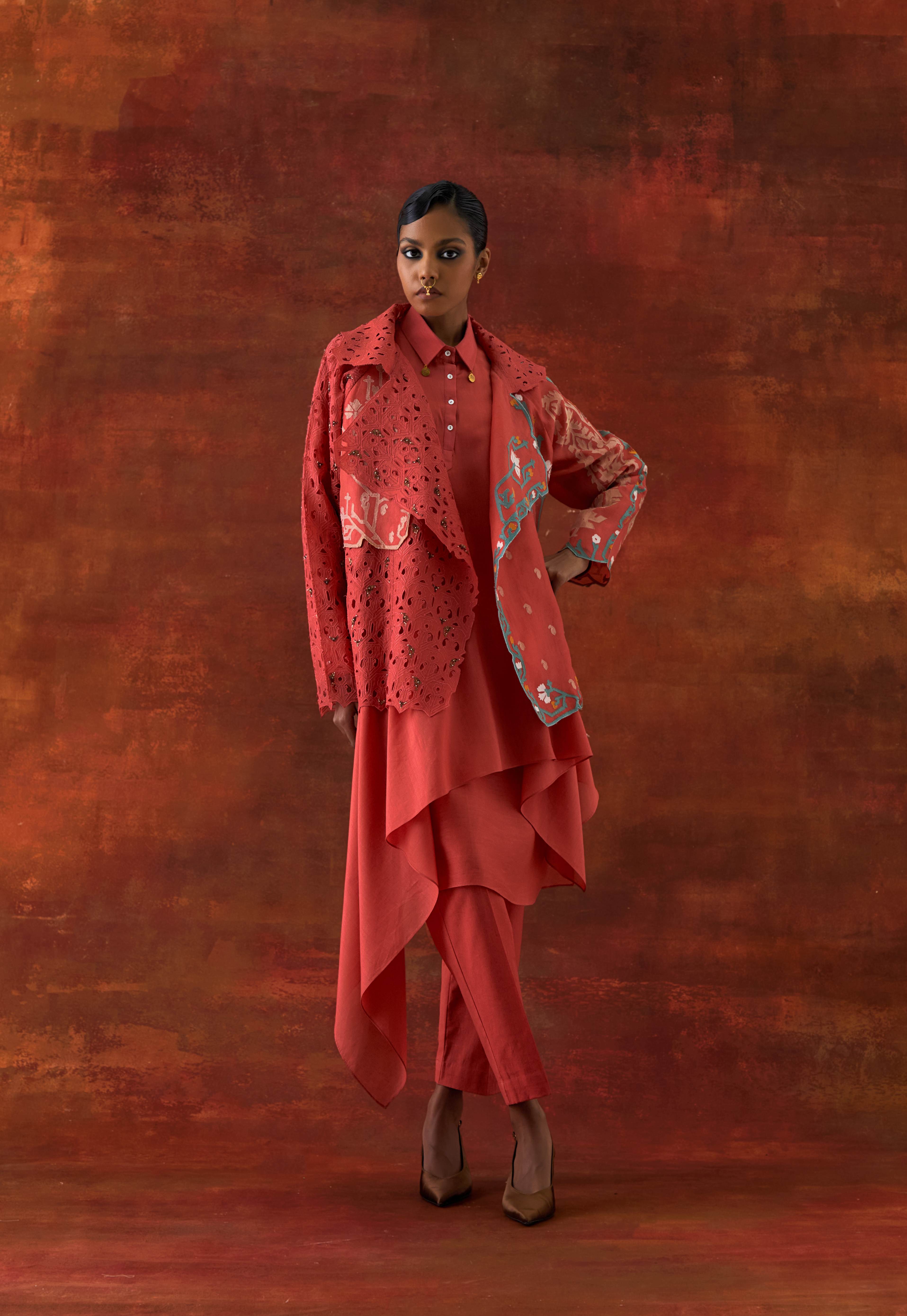 EMB ORGANZA SHORT TRENCH WITH DRAPED SHIRT AND PANTS - image 1