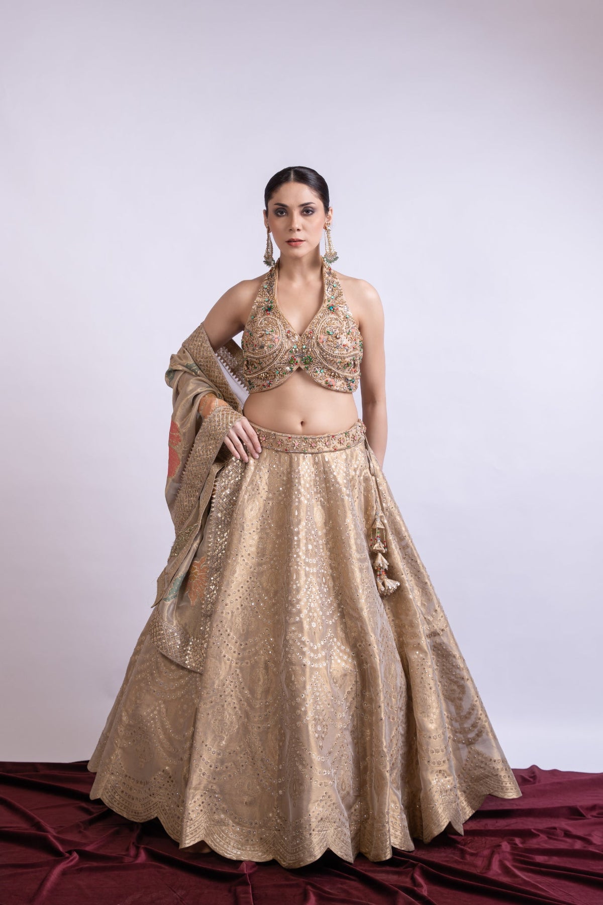 Golden Banarasi Embroidered Lehenga Set with Dupatta