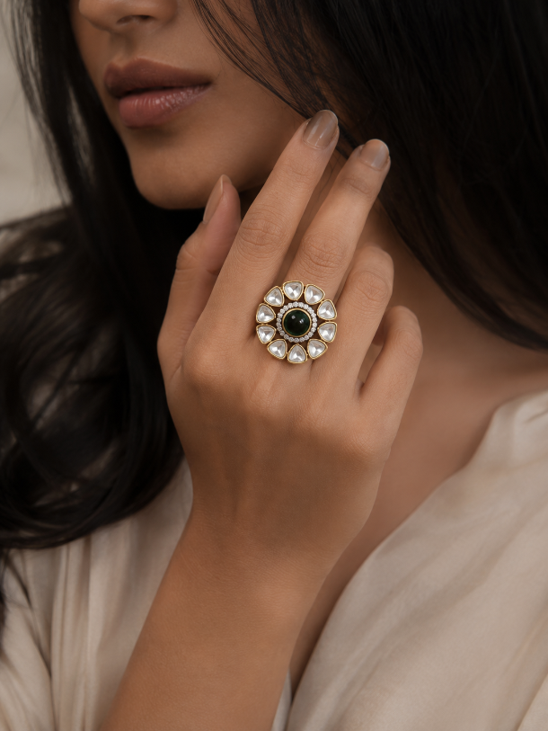 Emerald Polki Floral Statement Ring