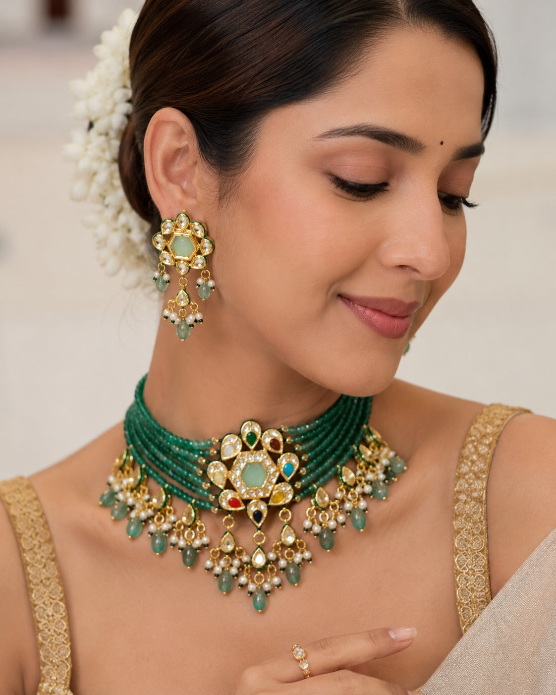 Green Beaded Polki Choker Set with Statement Earring