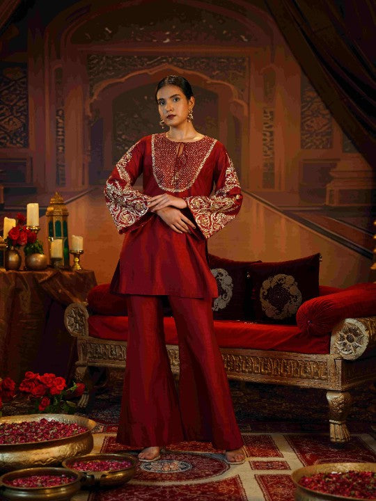 deep red short kurti set - image 1