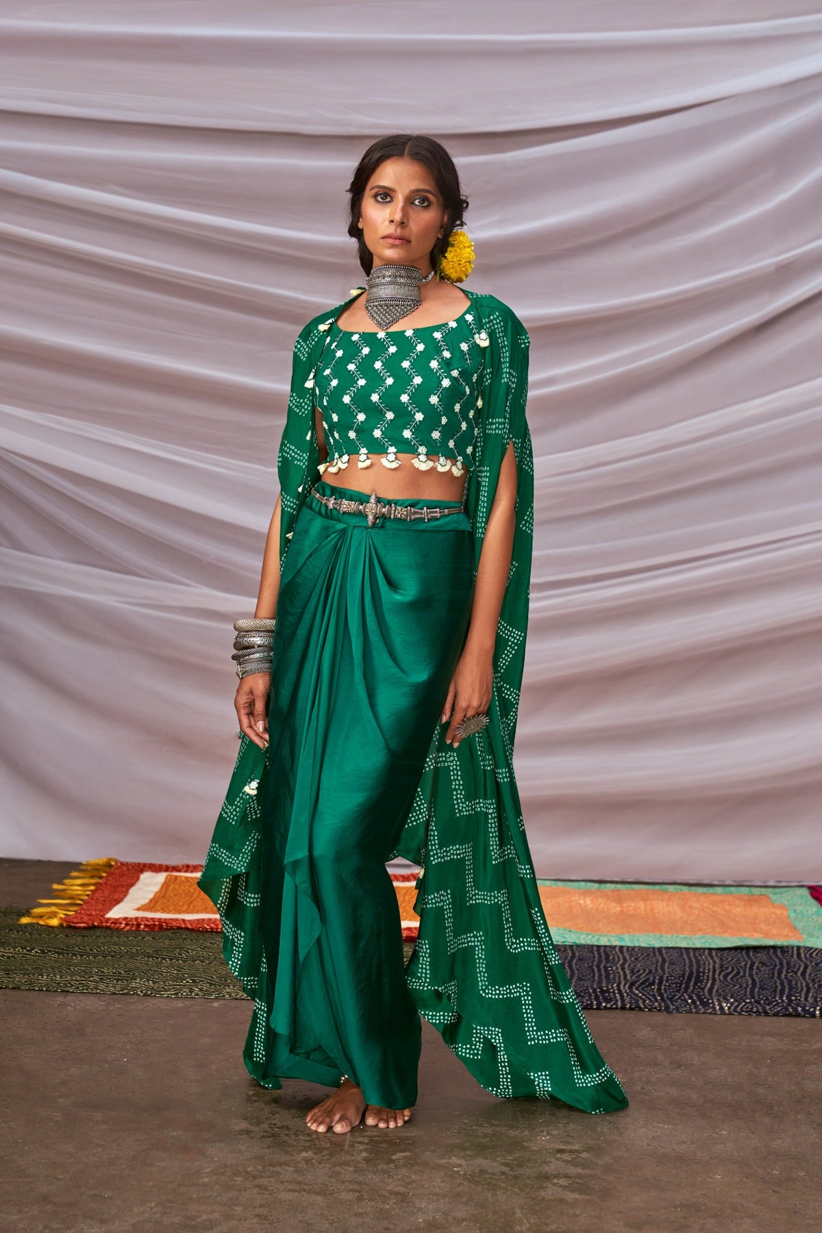 Zig-Zag Bandhani Cape Set With Dhoti Pants
