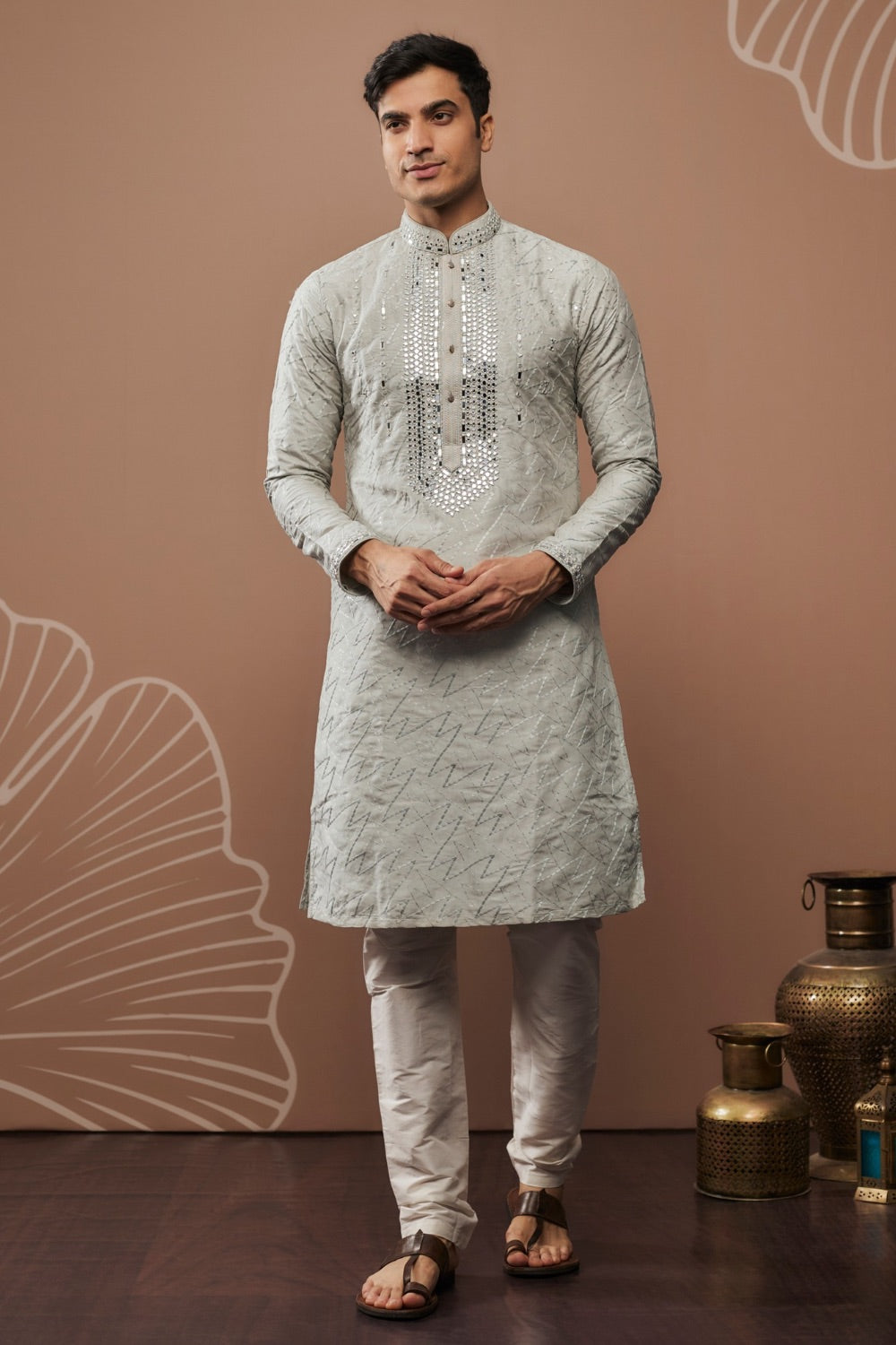 Cream white silk kurta set with hand and machine work