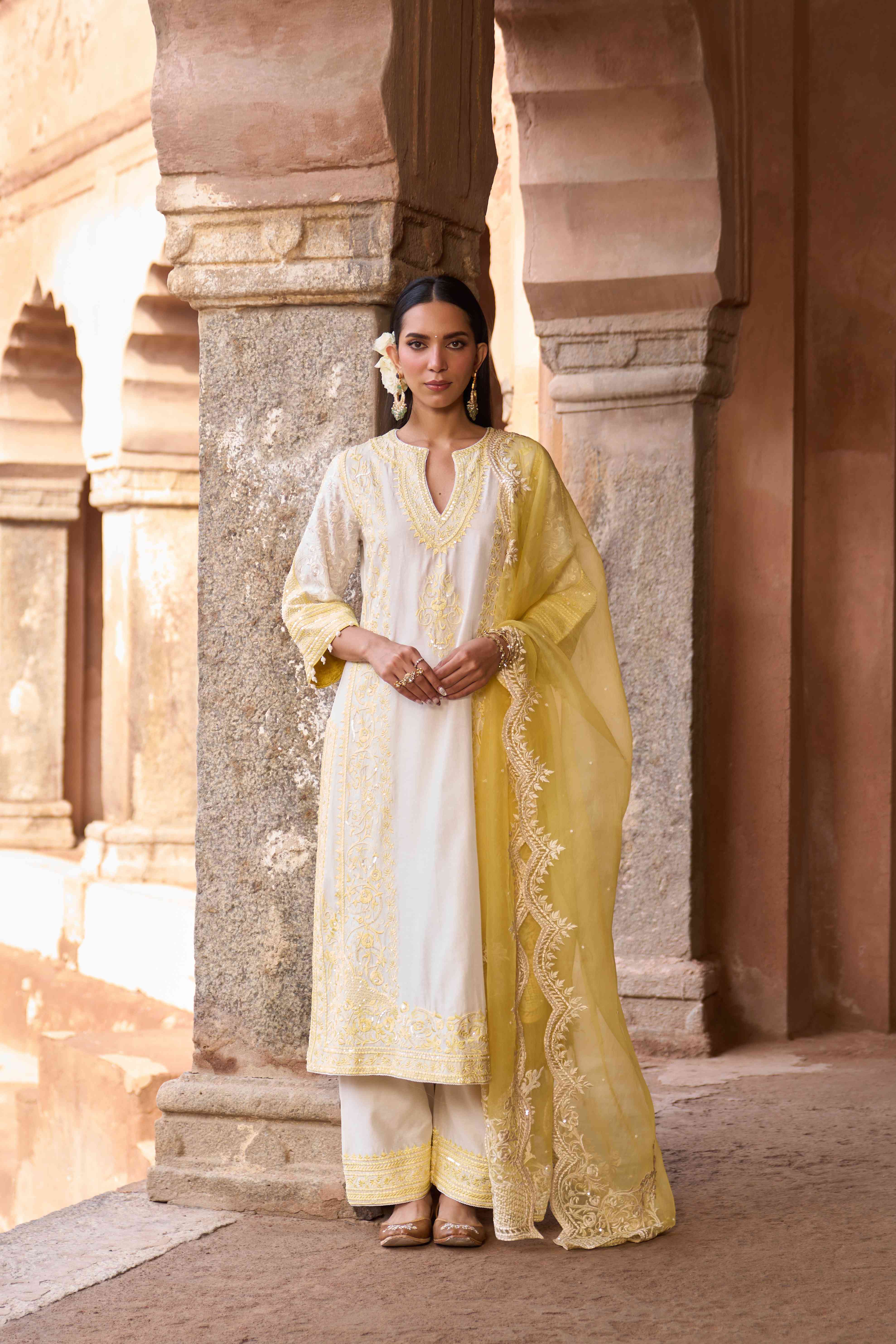 NURVI - DAISY IVORY WITH LEMON YELLOW LONG A-LINE KURTA WITH PALAZZO AND DUPATTA