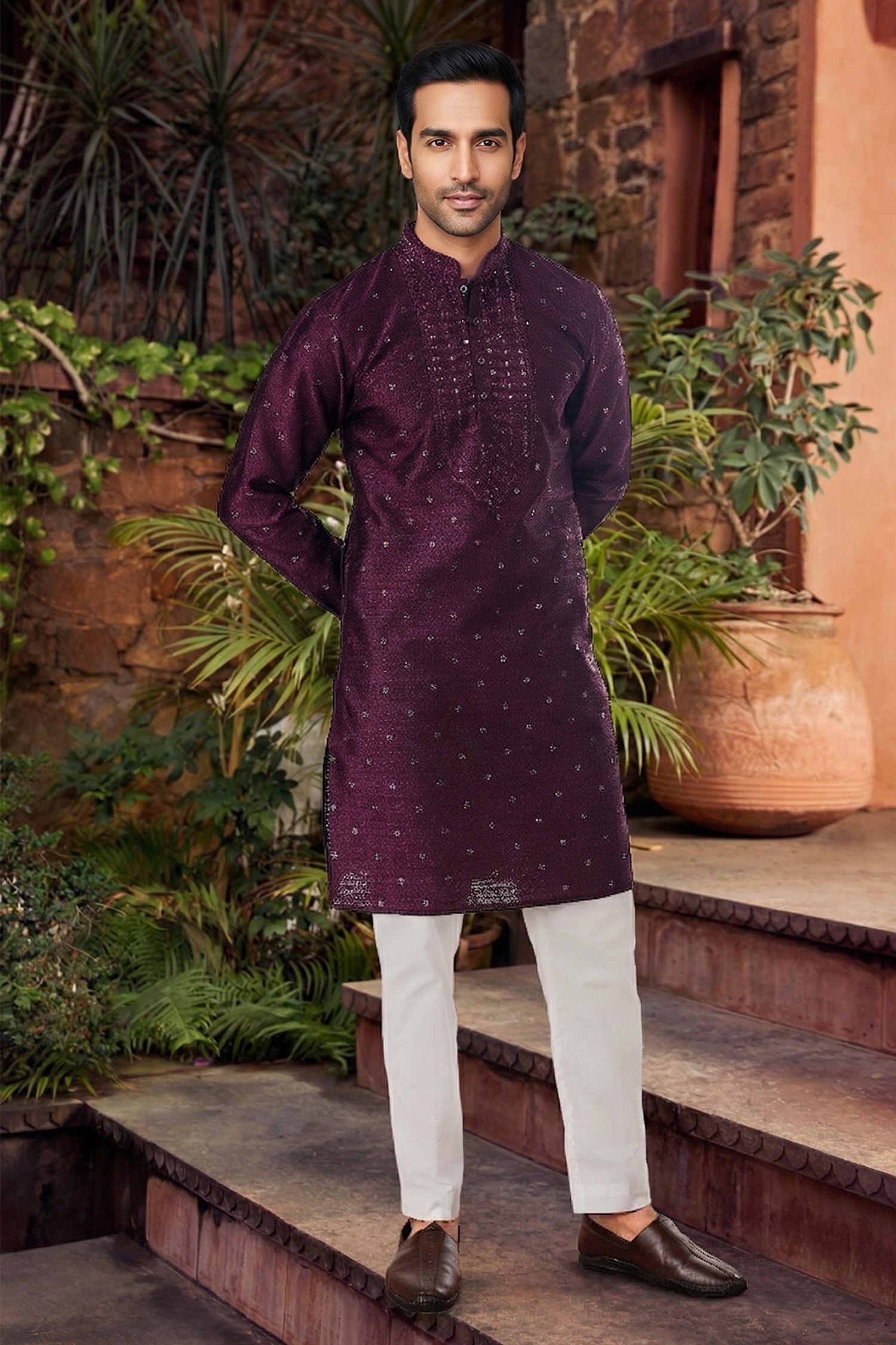 Men's Jacquard Silk Cream Designer Embroidery Work Kurta with payjama