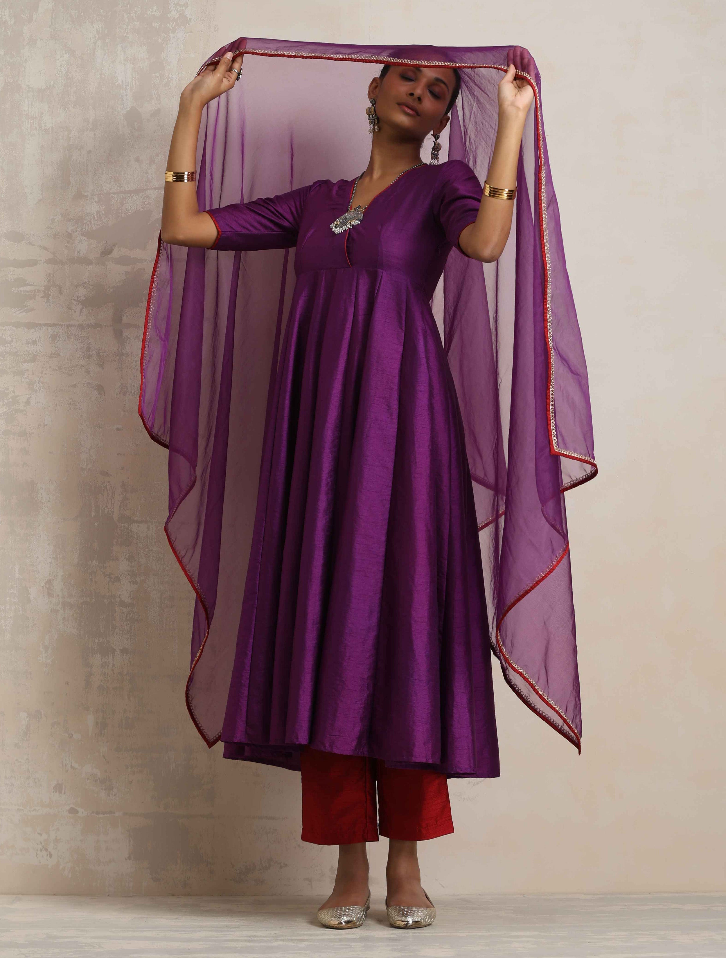 trueBrowns Purple Silk Arkali Kurta Pant Dupatta Set