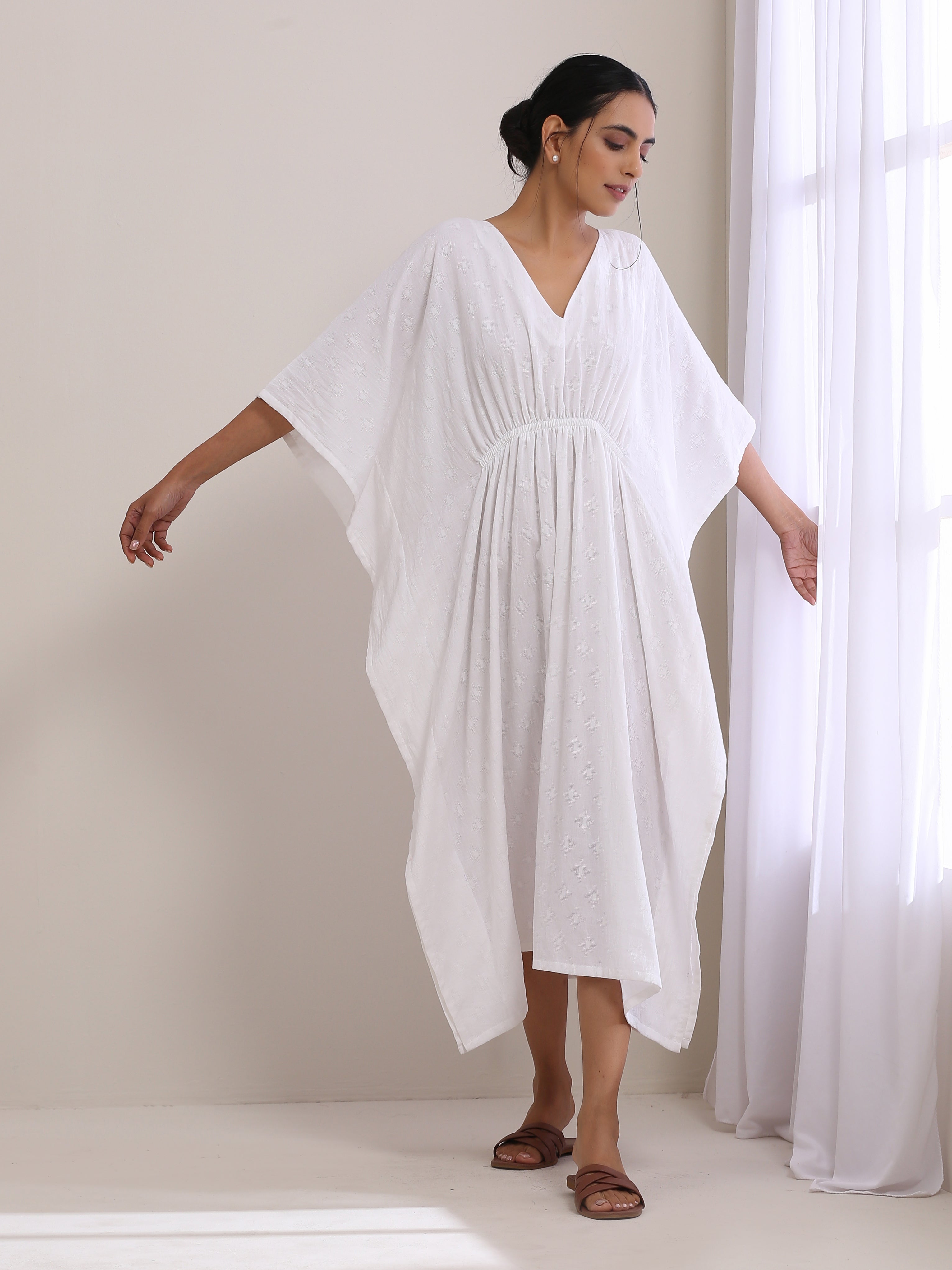 White Dobby Kaftan Dress