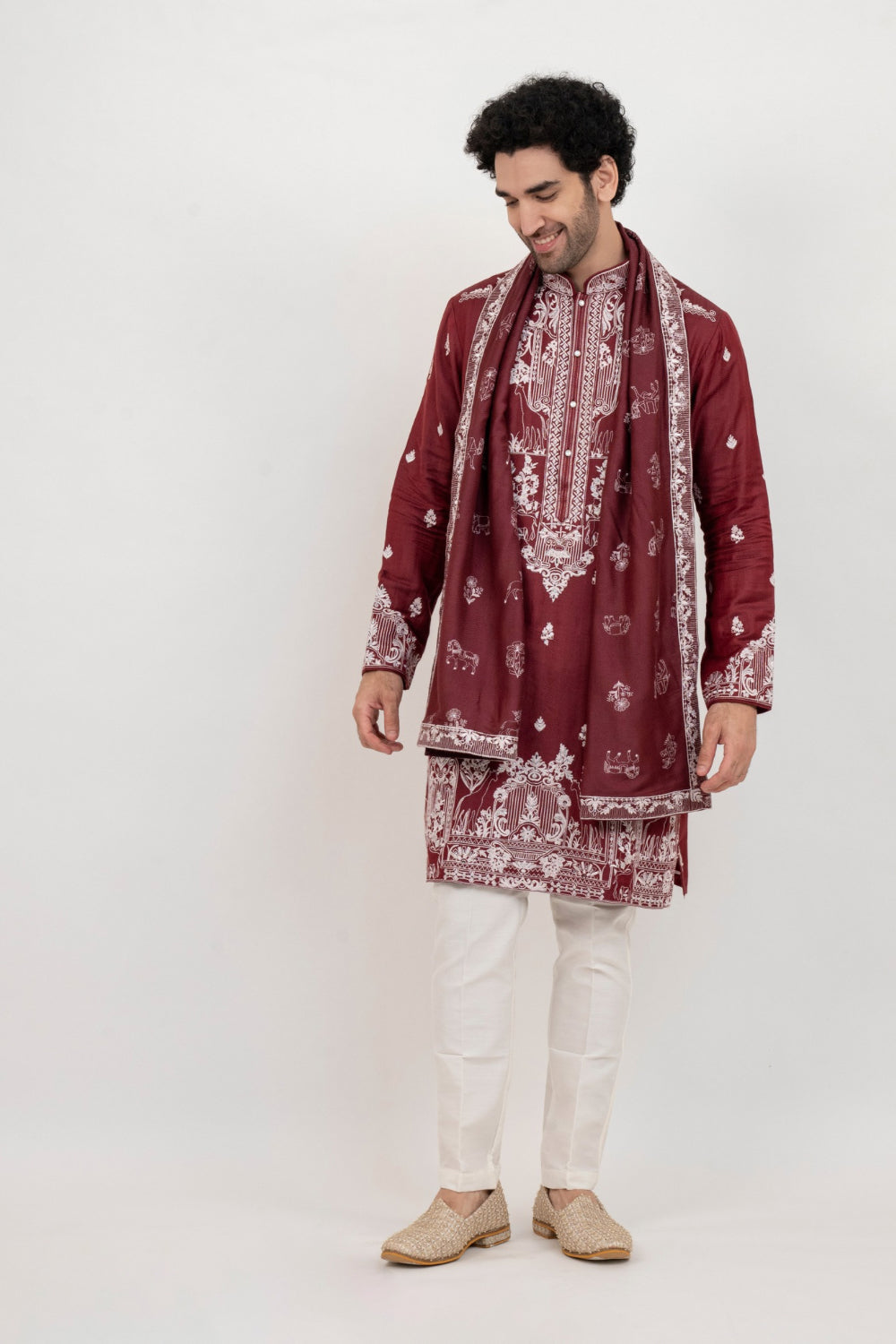 Burgandy resham embroidered malai silk kurta set with sequin and stone work