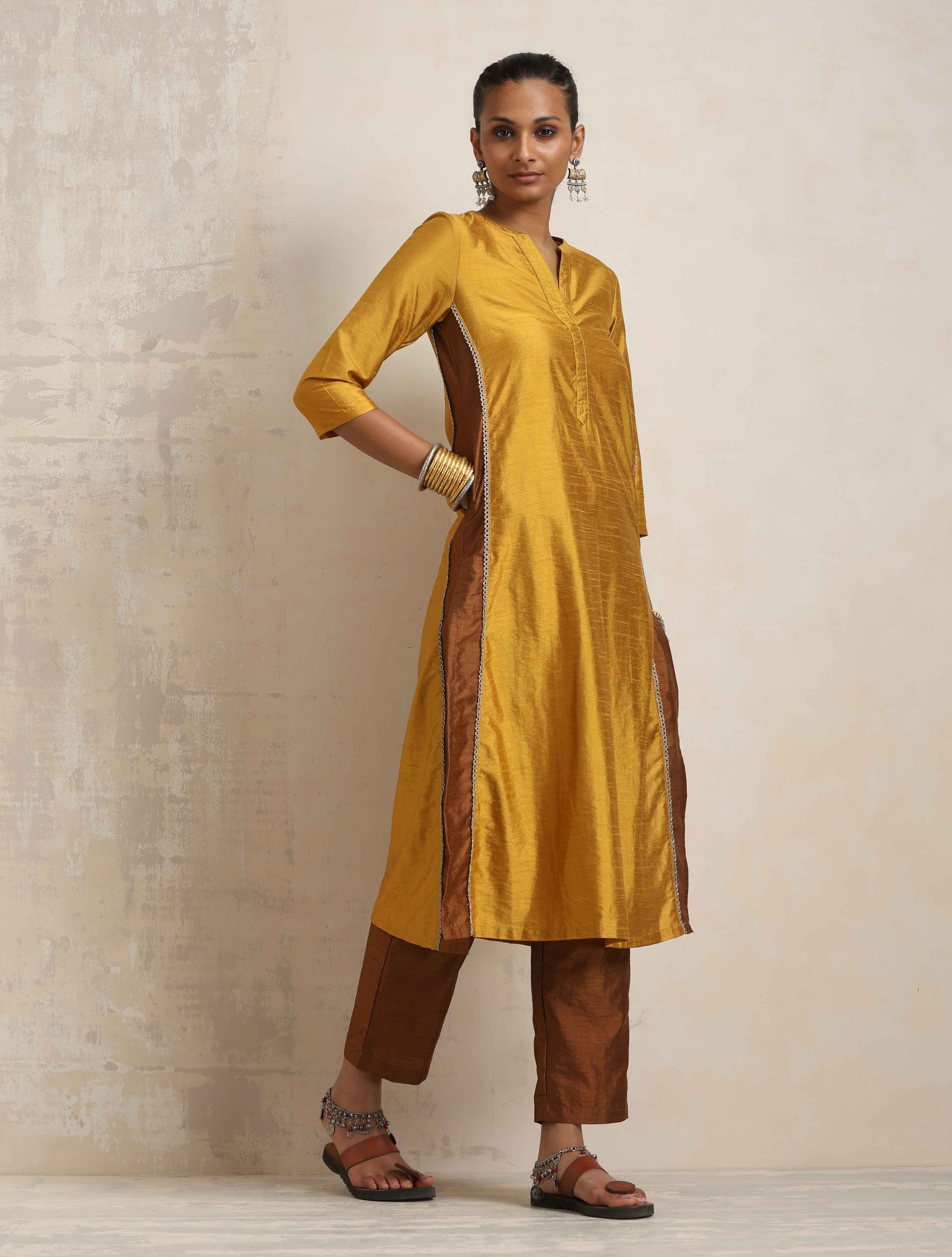 trueBrowns Gold Silk Straight Kurta Set