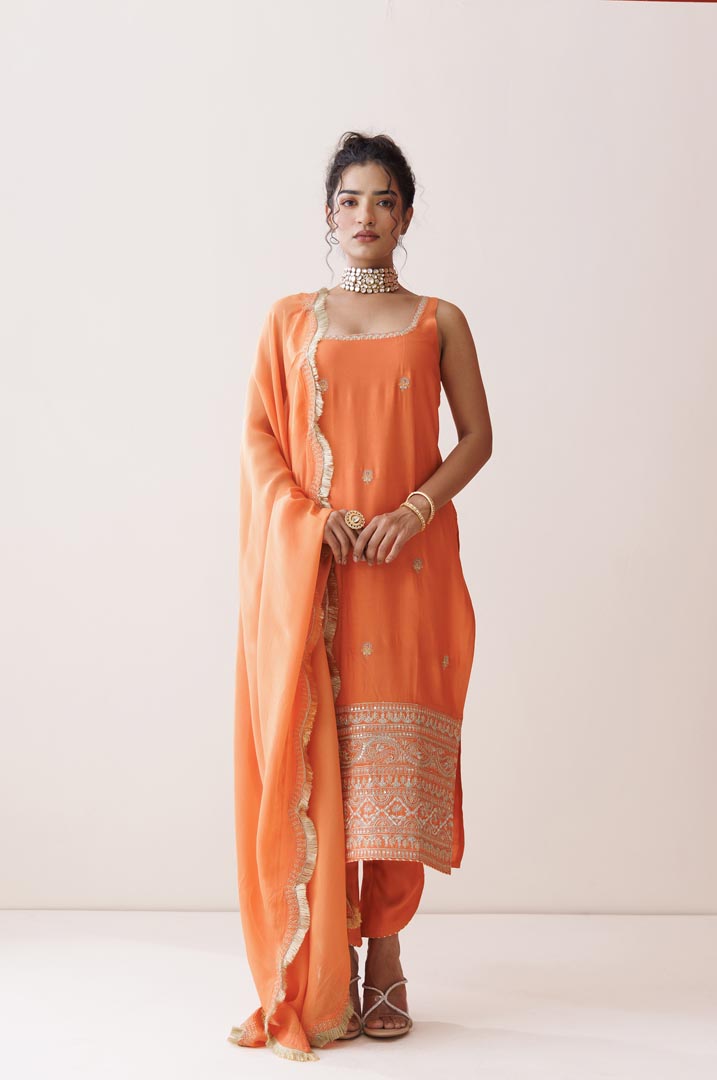 Orange square neck kurta set