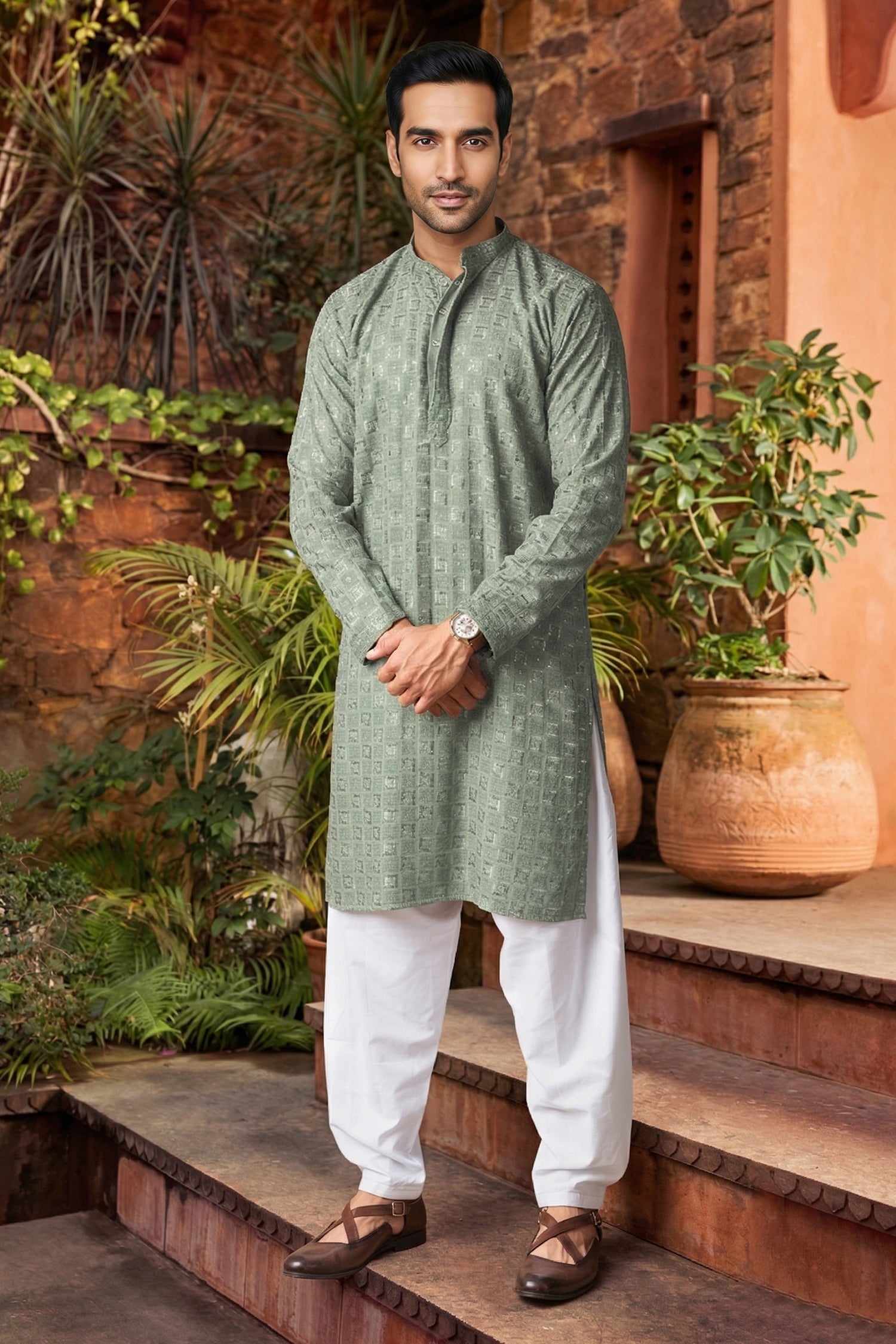 Men's Viscose Rayon Cream Designer Embroidery Work Kurta with payjama