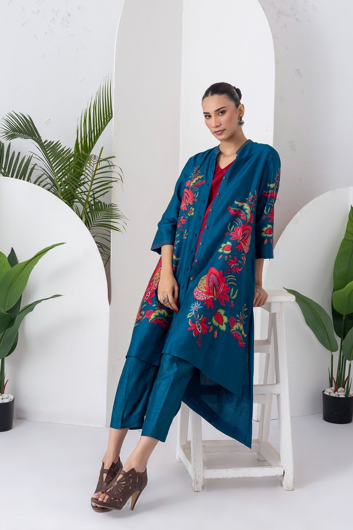 Indigo Silk Chanderi Printed Front Open Floral High-Low Dress Set (3 PCS)