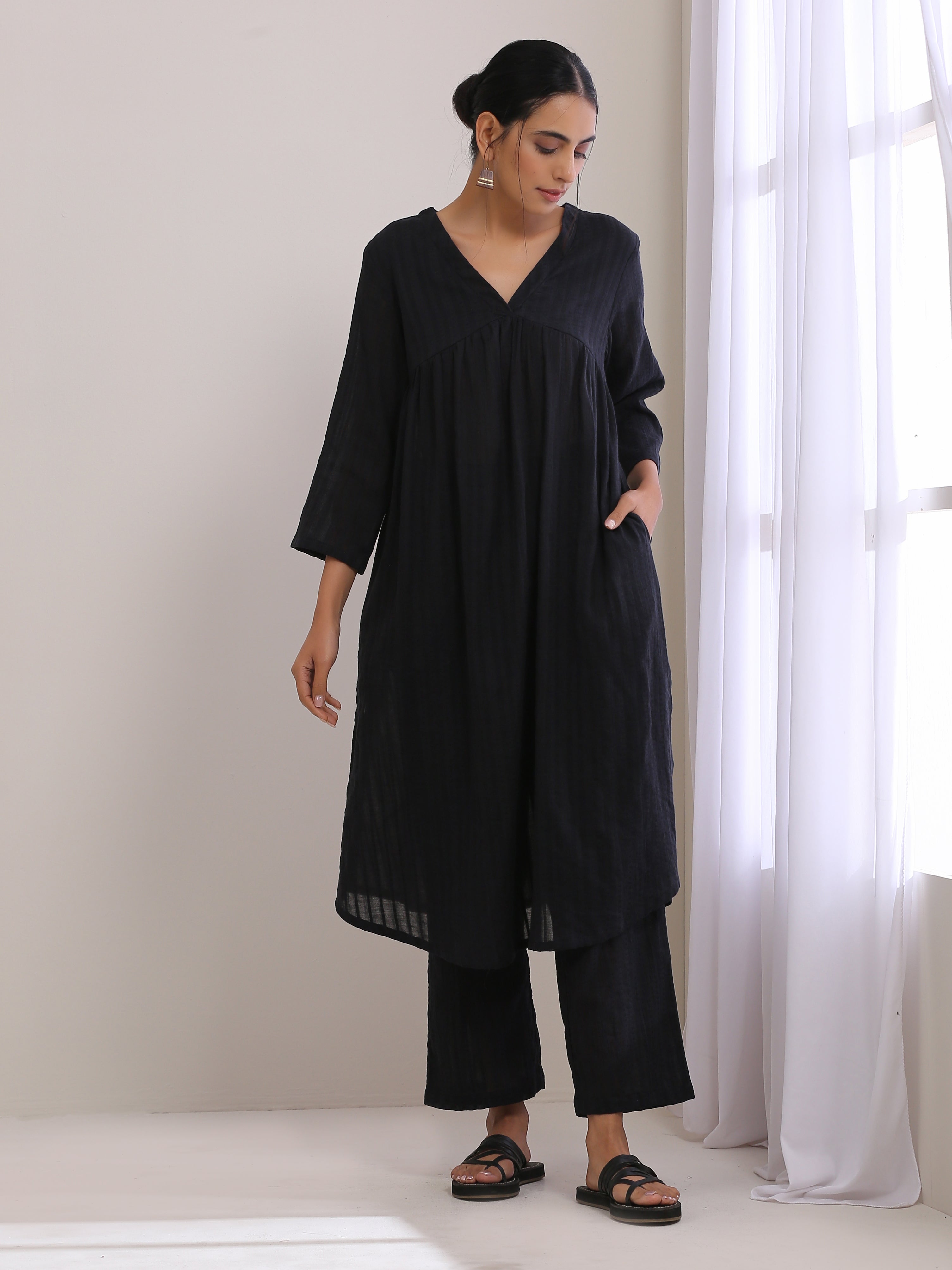 Black Dobby Flared Slit Kurta Pant Set