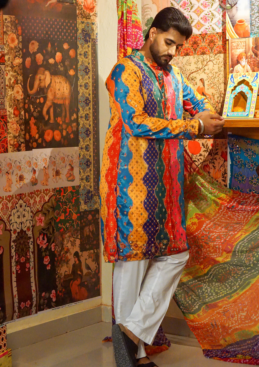 Rangveer Multicolour Bandhani Kurta with Zari & Mirror Work
