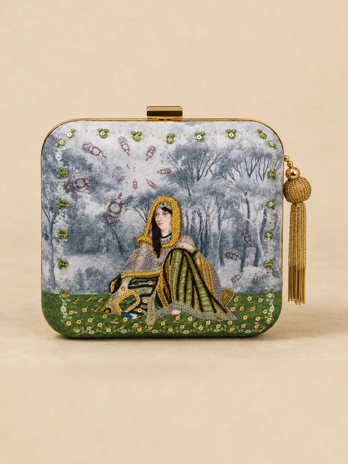 Indian Queen Portrait Embellished Clutch Bag with Gold Tassel