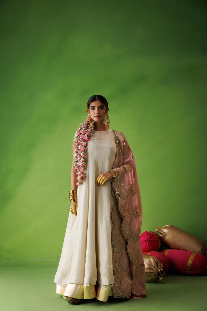Beige tissue anarkali with pink dupatta