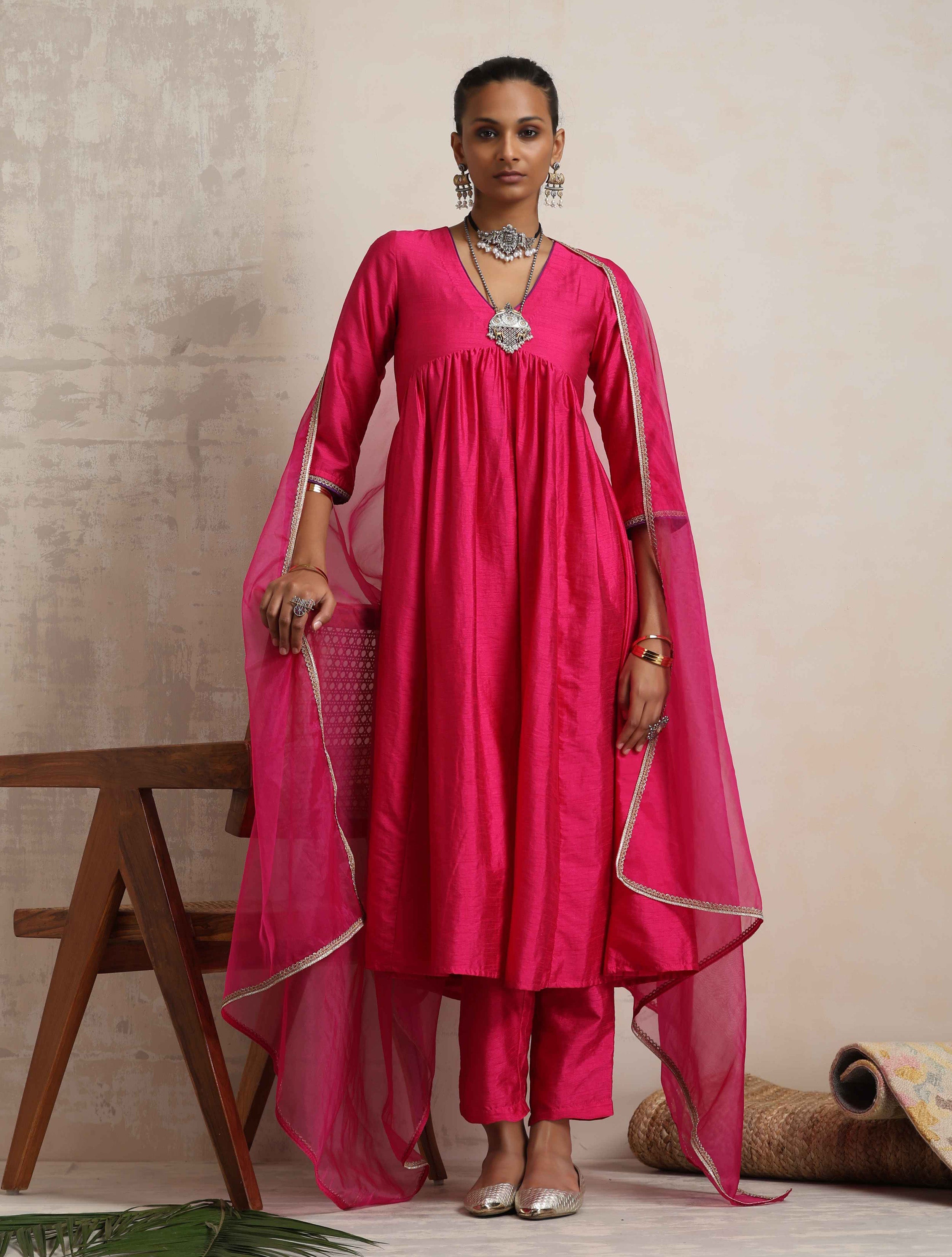 trueBrowns Pink Silk Arkali Kurta Pant Dupatta Set