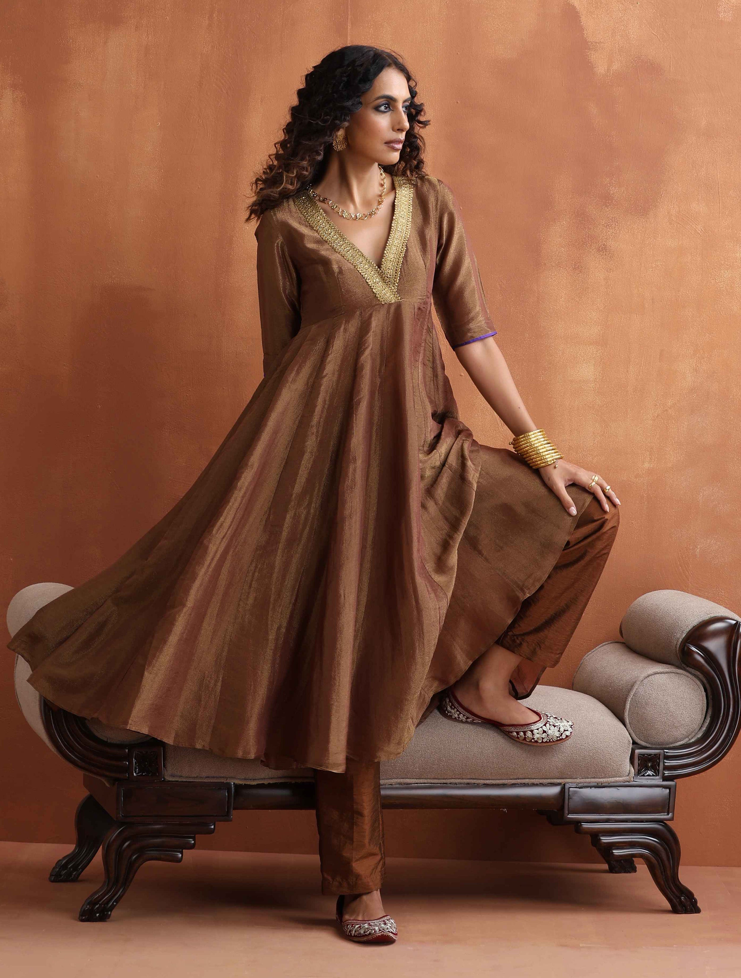 trueBrowns Bronze Tissue Flared Arkali Kurta Set