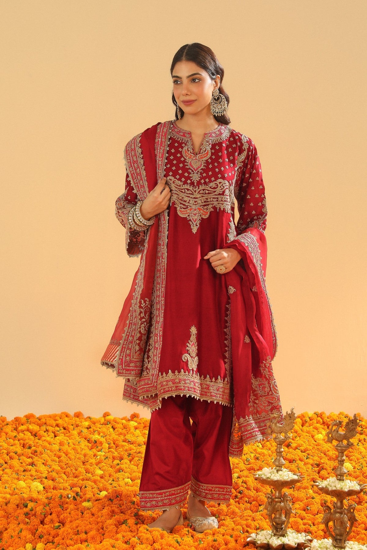 Shahzain - Deep Red Knee Length Kalidaar Chauga with Salwar and Khada Dupatta