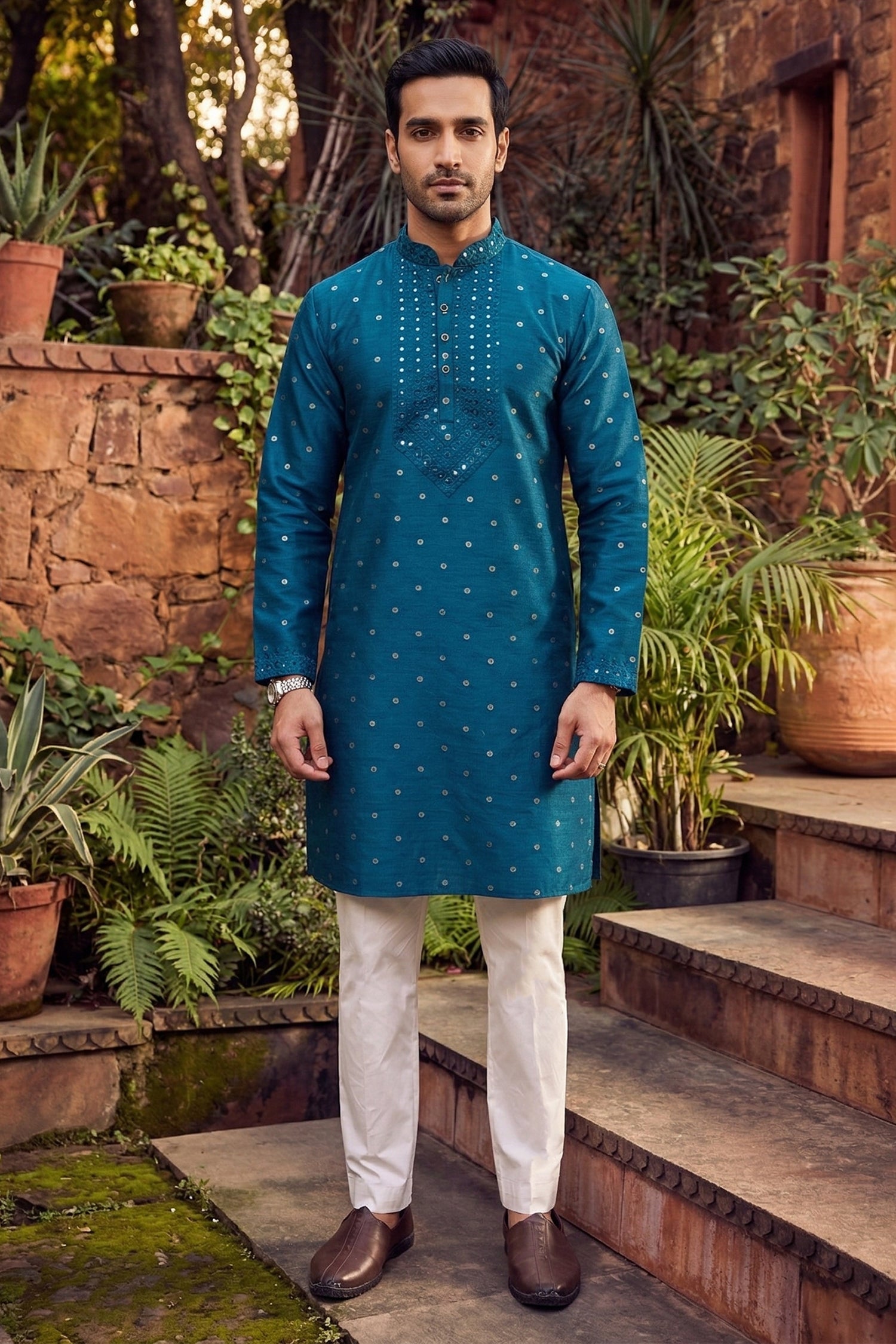 Men's Jacquard Silk Cream Designer Embroidery Work Kurta with payjama