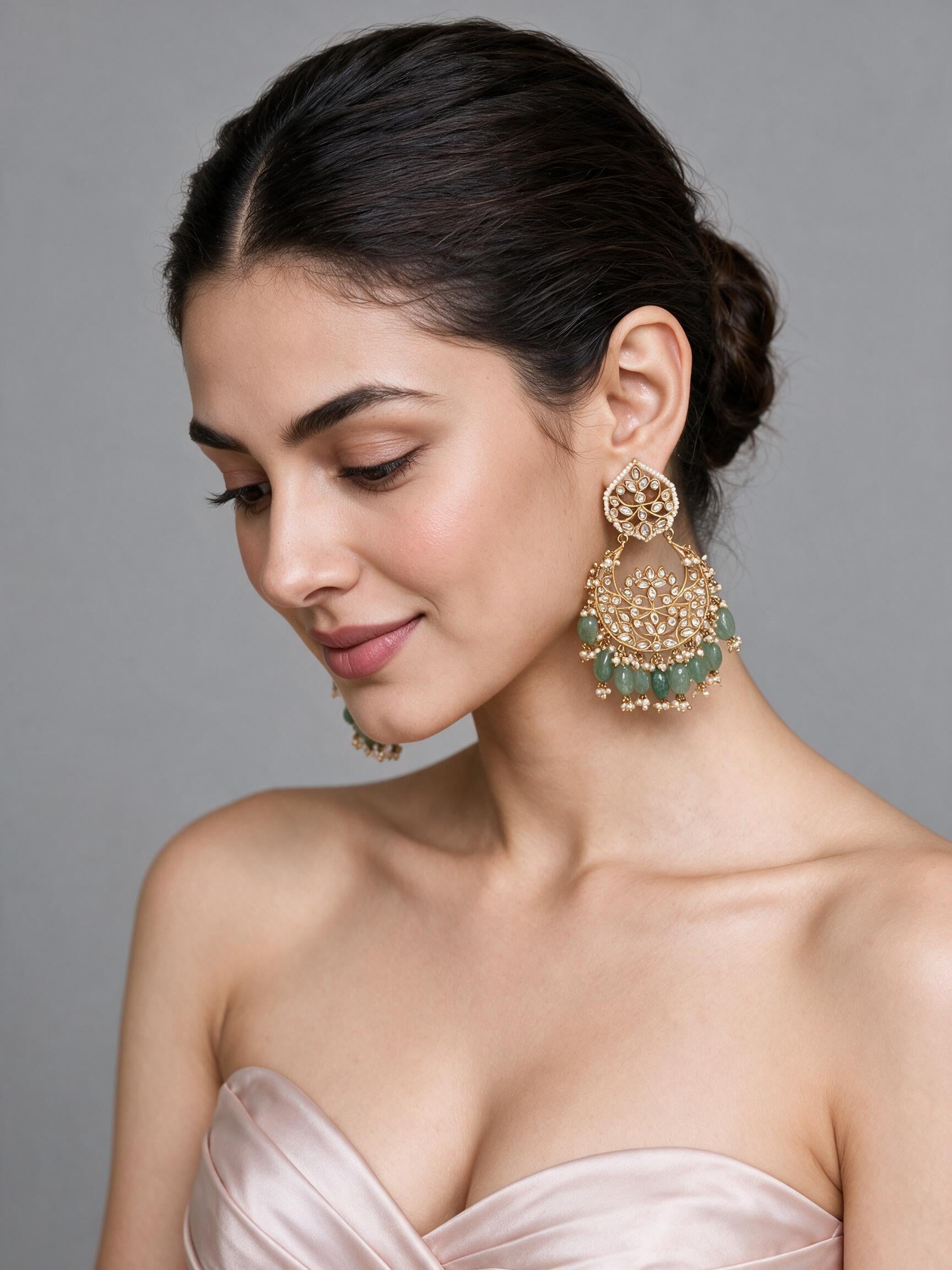 Green Bead Gold-Tone Chandbali Earrings