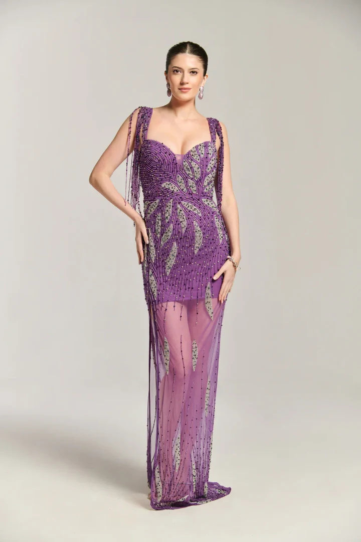 Star Fish Purple Beaded Maxi Dress with Sheer Flowing Skirt
